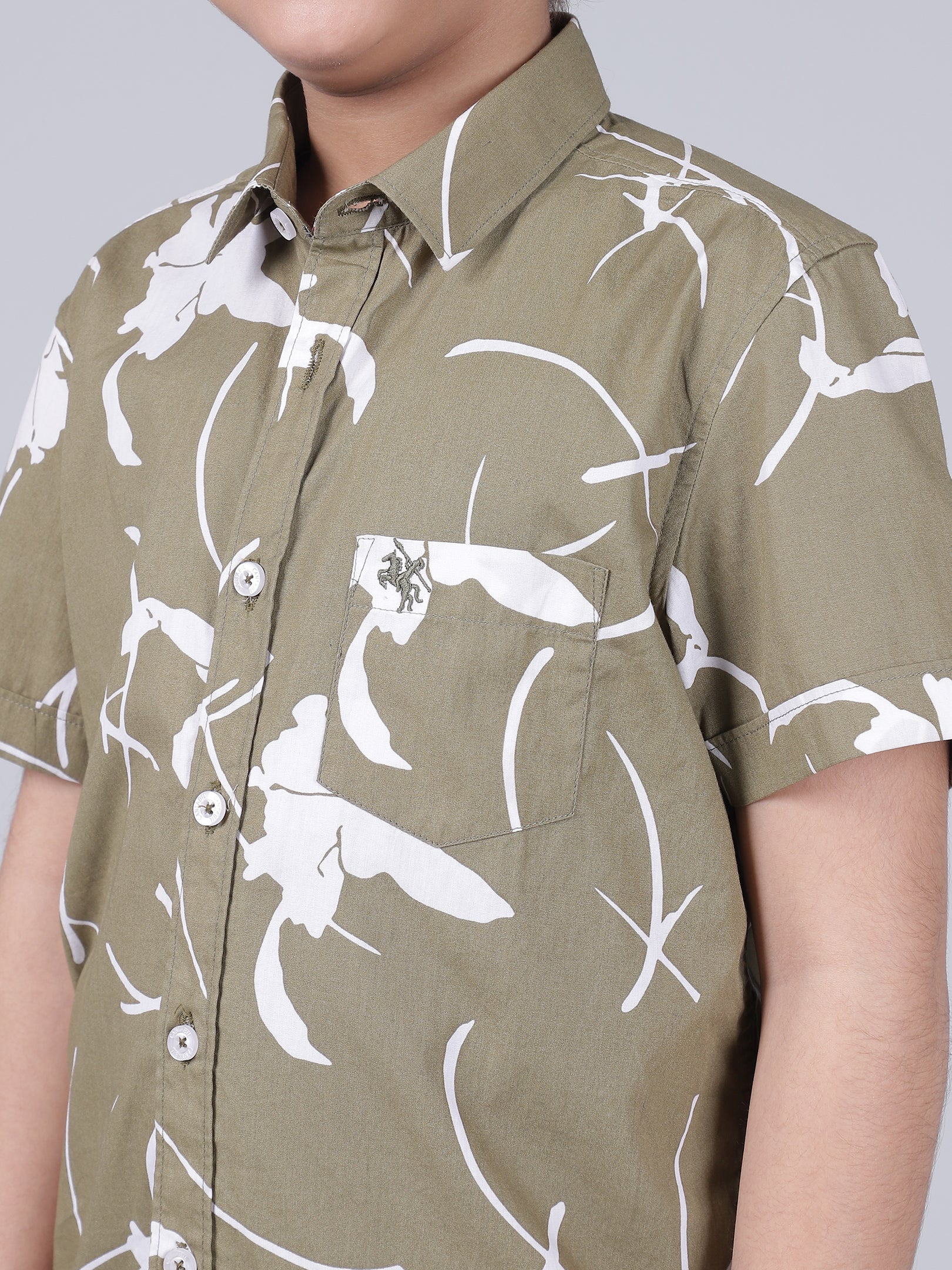 Boys Printed Olive Green Half Sleeves Spread Collar Casual Shirt - Image 6