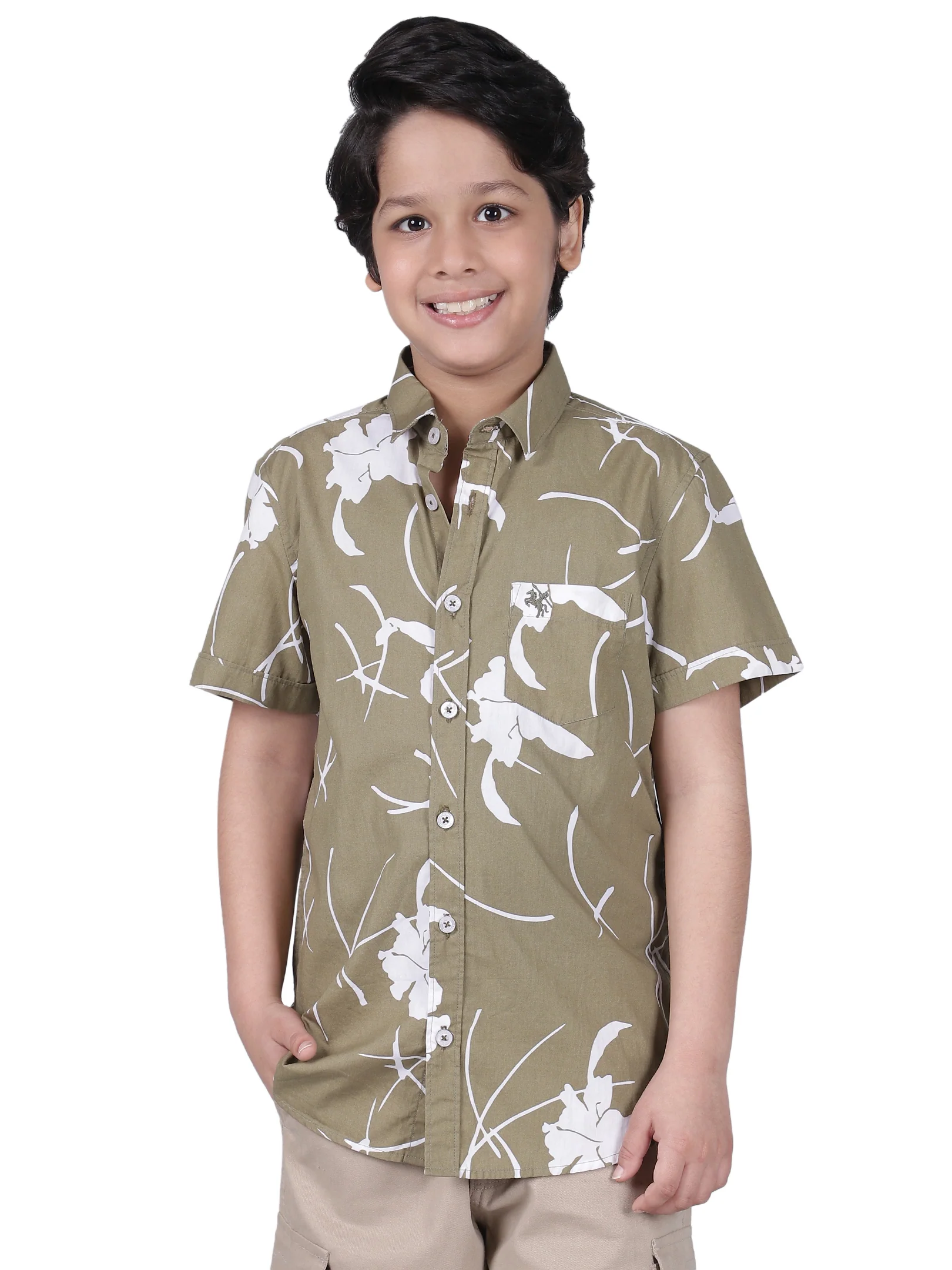 Boys Printed Olive Green Half Sleeves Spread Collar Casual Shirt - Image 7