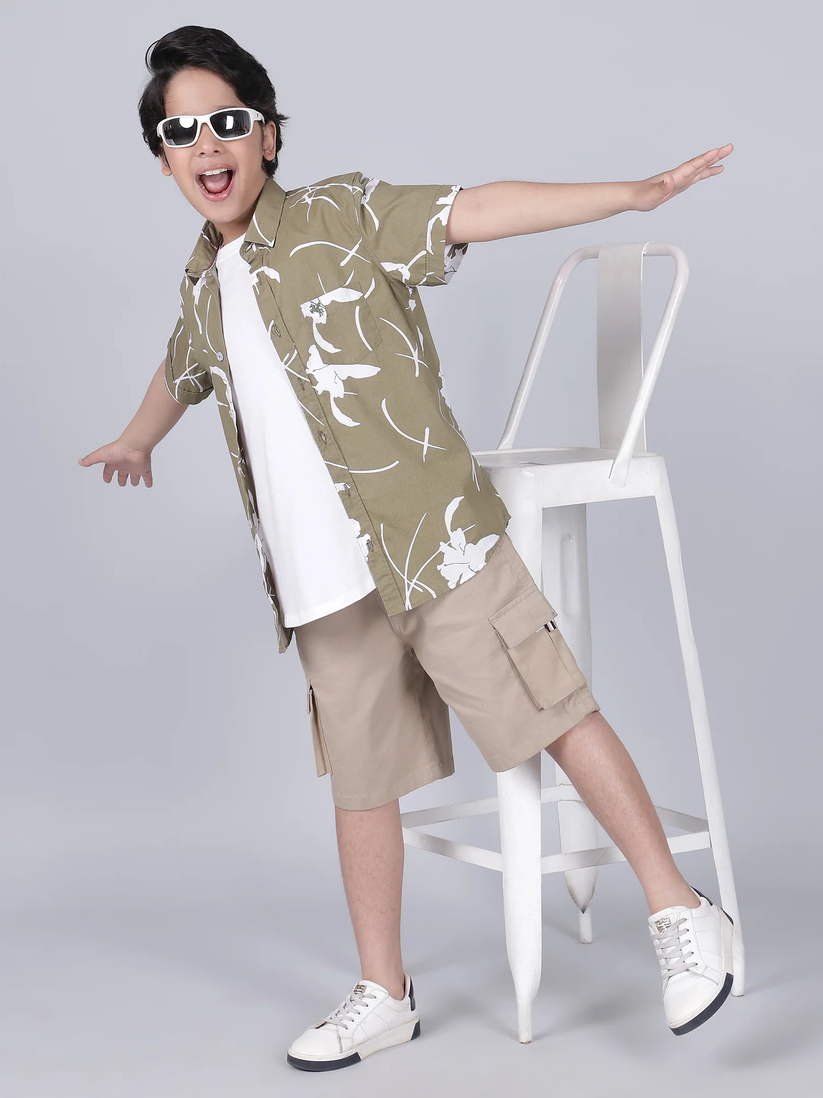 Boys Printed Olive Green Half Sleeves Spread Collar Casual Shirt - Image 8