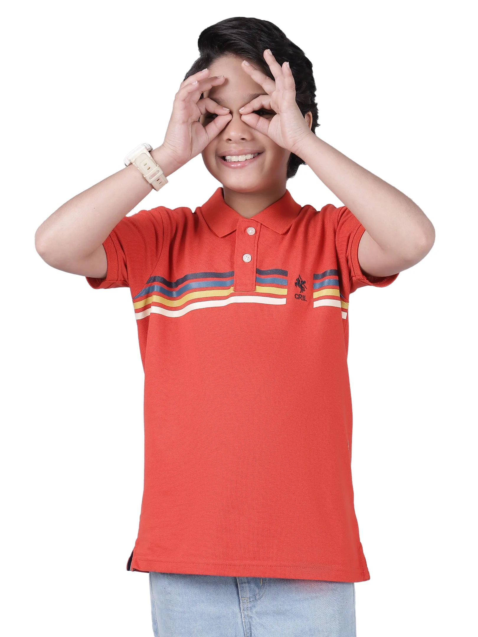 Boys Printed Orange Half Sleeves Polo Neck Casual T-Shirt - Image 2