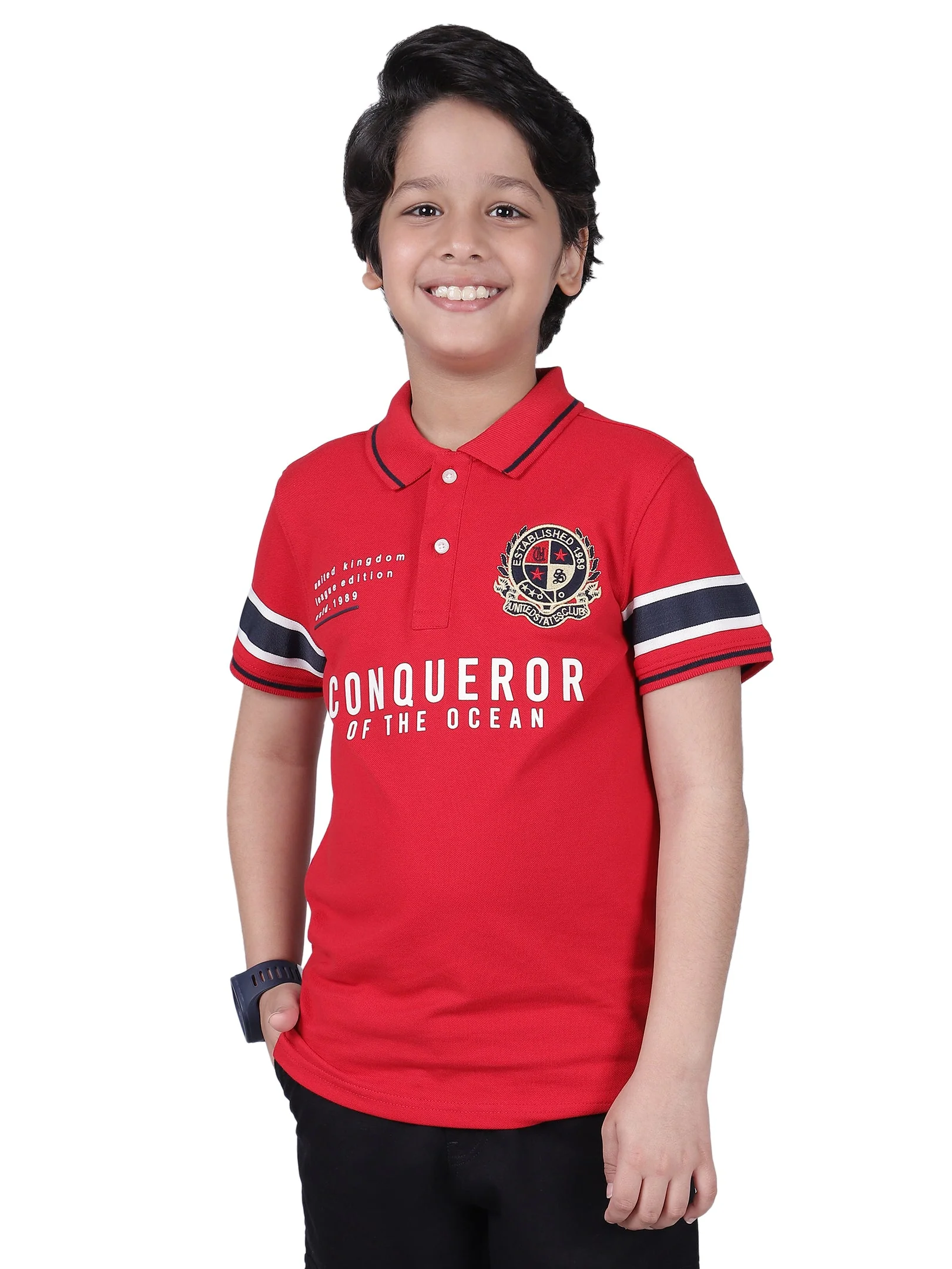 Boys Printed Red Half Sleeves Polo Neck Casual T-Shirt - Image 2