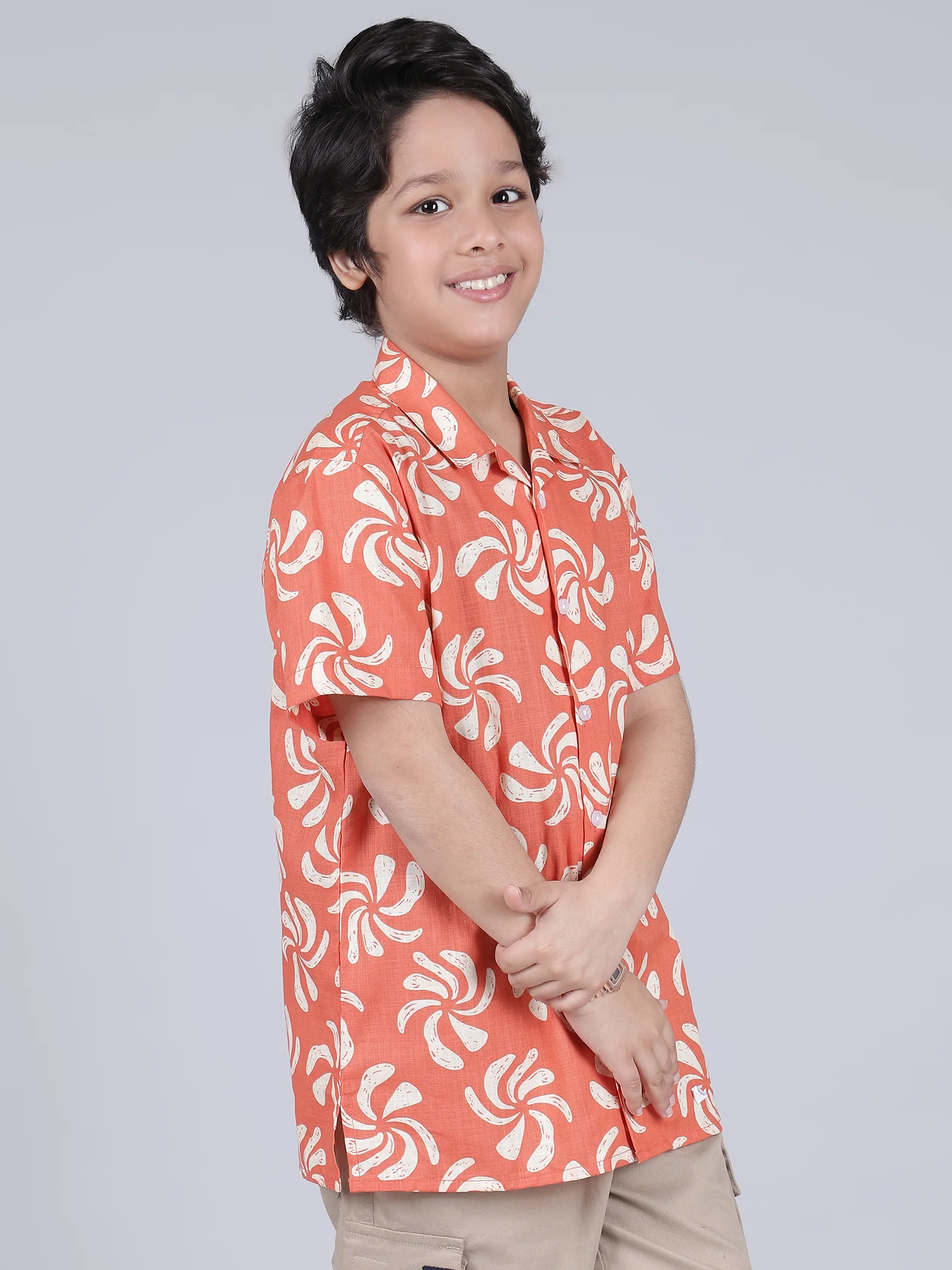 Boys Printed Red Half Sleeves Spread Collar Casual Shirt - Image 4