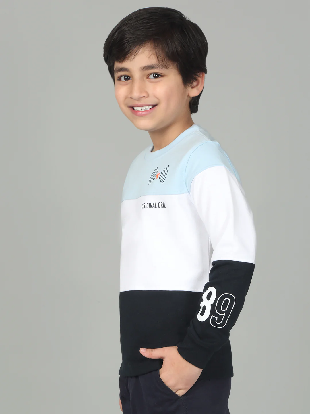 Boys Sky Blue Color Block Full Sleeves Casual T-Shirt - Image 2