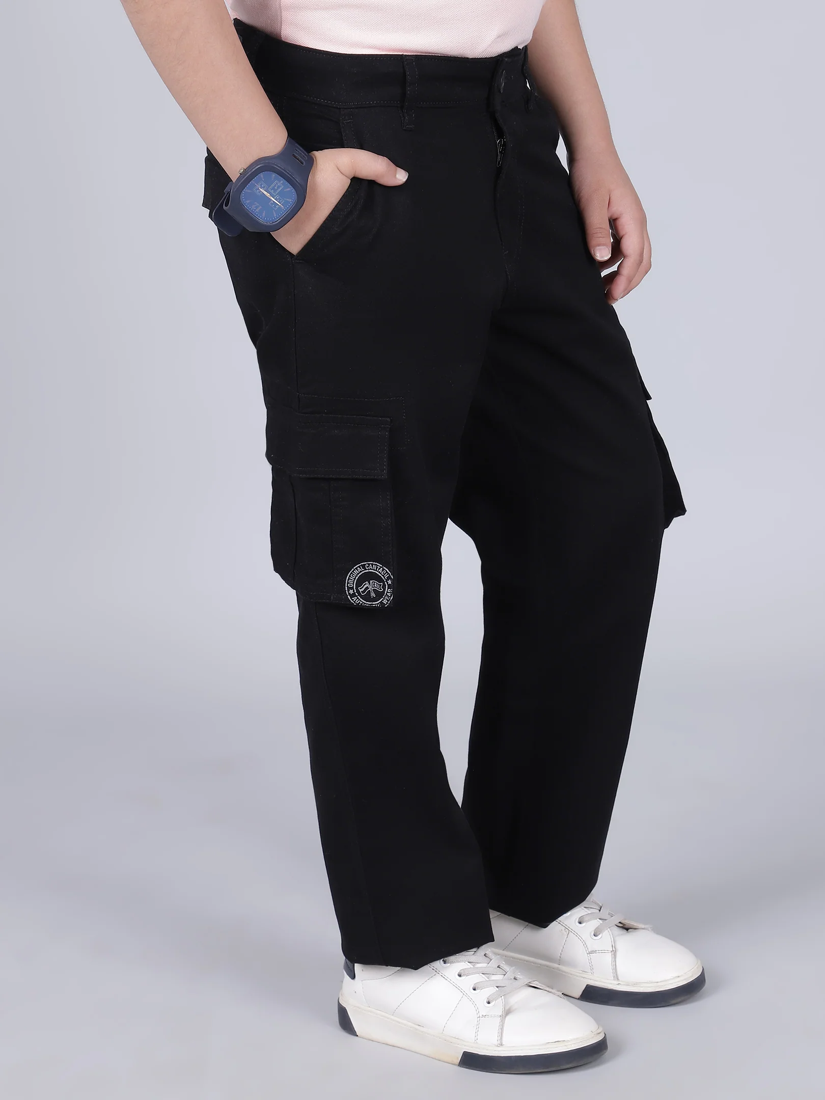 Boys Solid Black Regular Fit Casual Cargo - Image 4