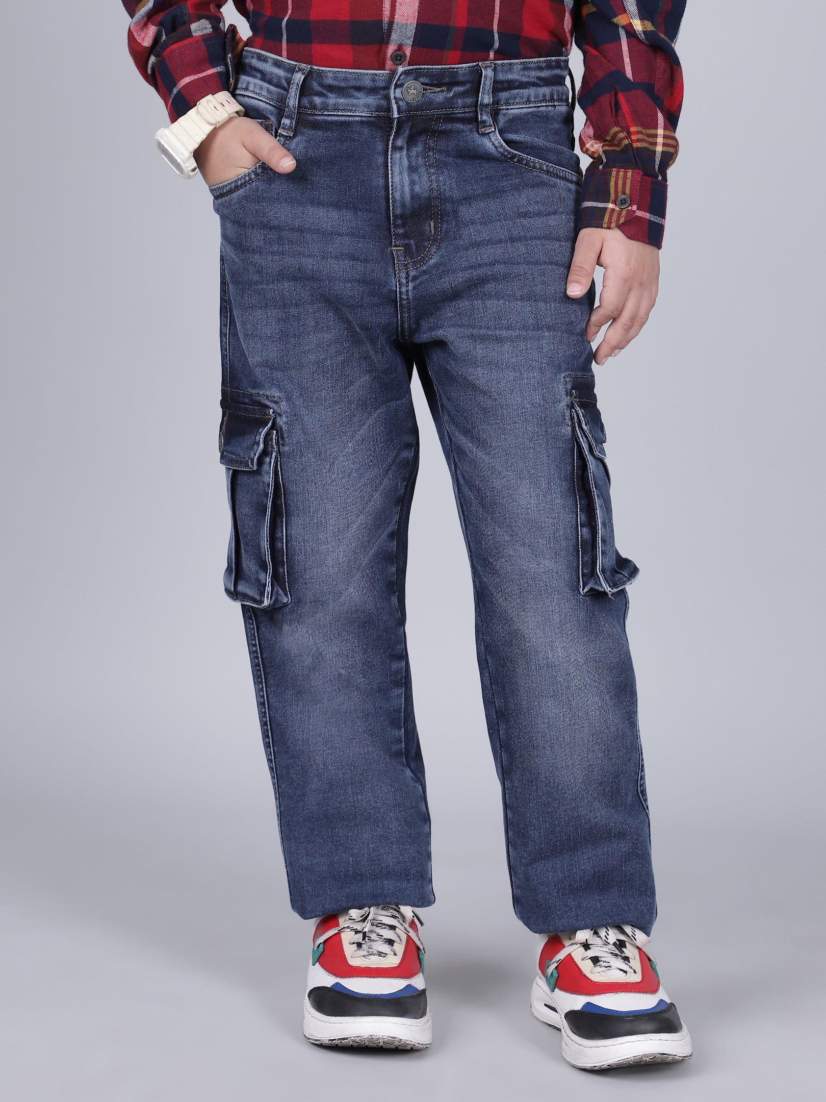 Boys Solid Blue Regular Fit Casual Cargo - Image 4