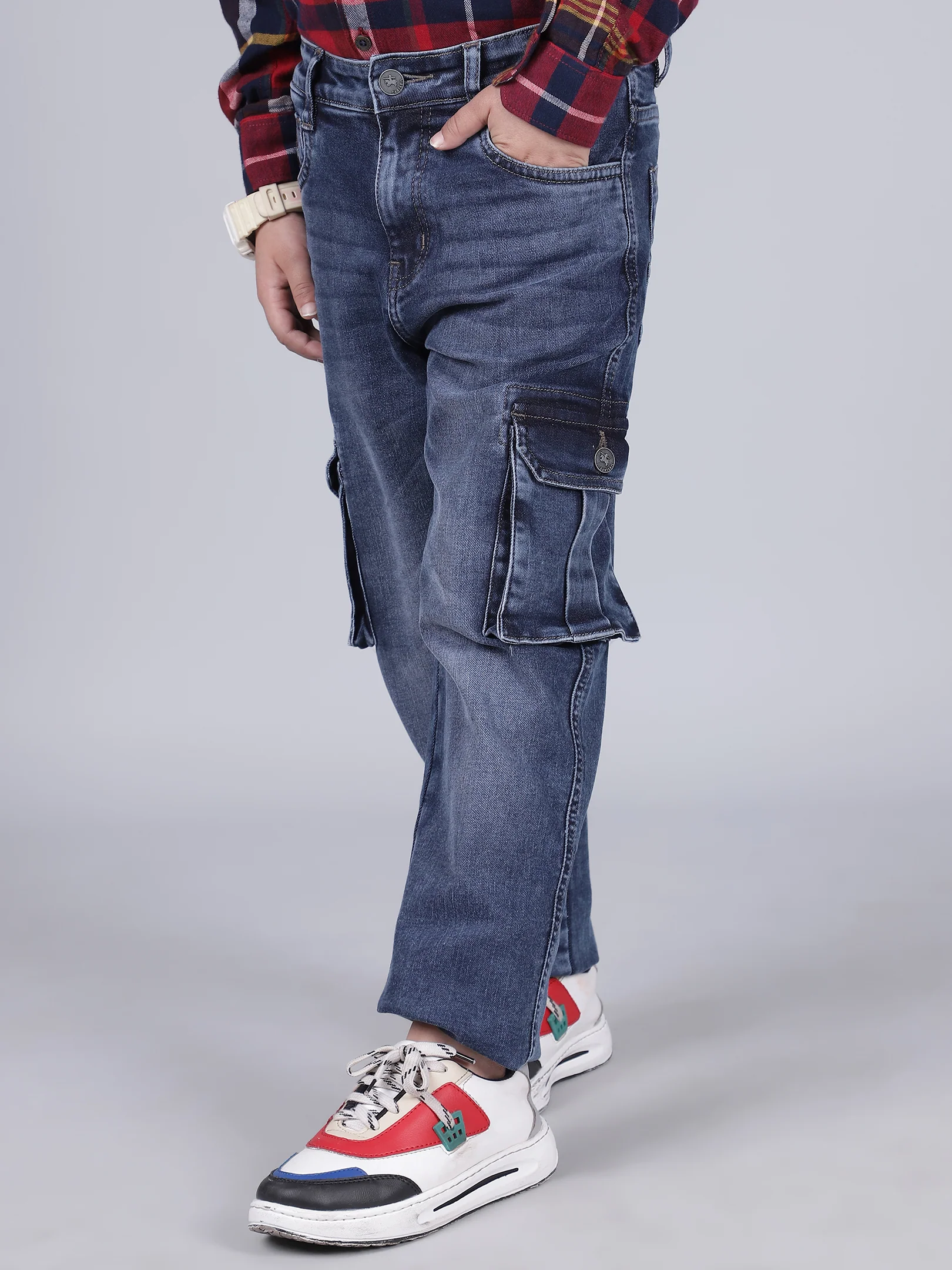 Boys Solid Blue Regular Fit Casual Cargo - Image 5