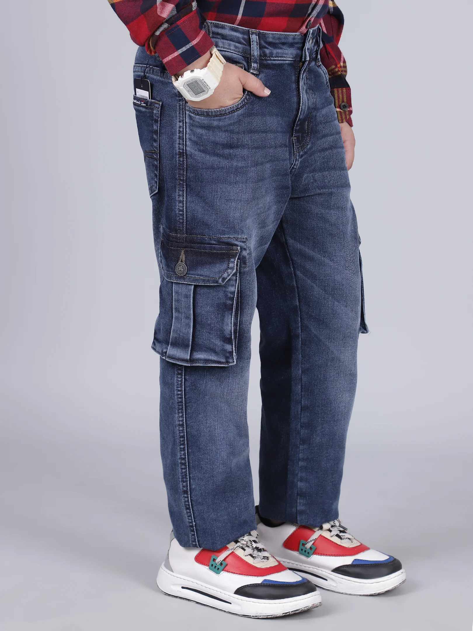 Boys Solid Blue Regular Fit Casual Cargo - Image 7