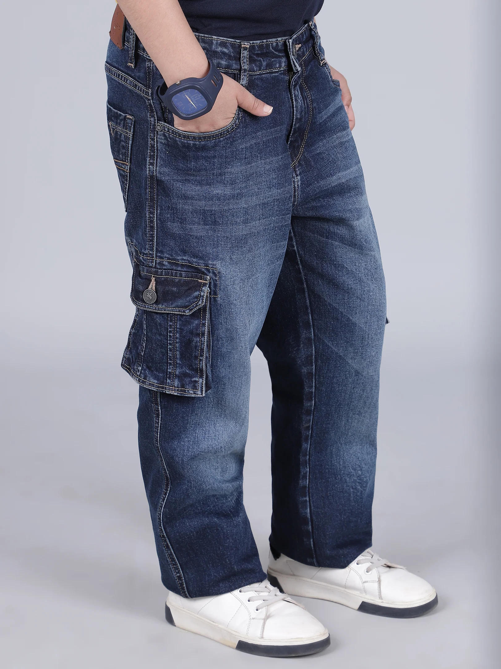 Boys Solid Blue Regular Fit Casual Cargo - Image 4
