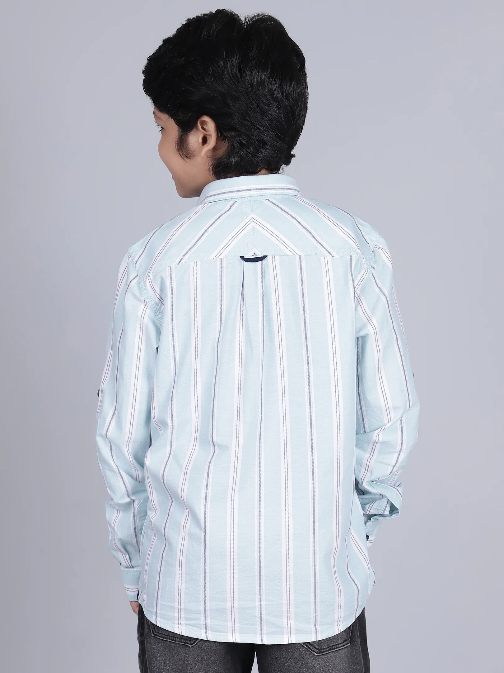 Boys Striped Blue Full Sleeves Spread Collar Casual Shirt - Image 3