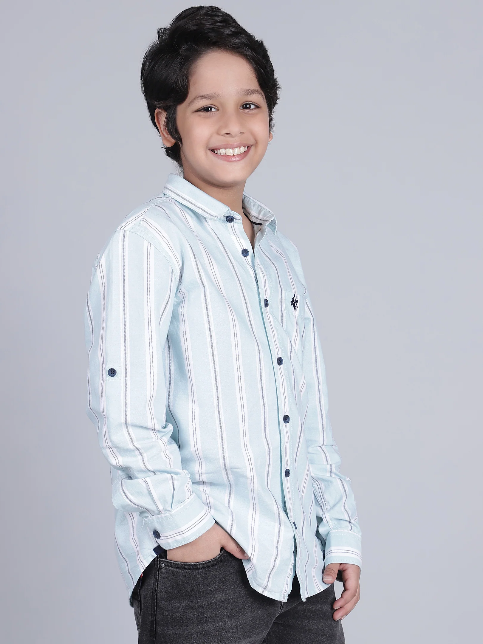 Boys Striped Blue Full Sleeves Spread Collar Casual Shirt - Image 4