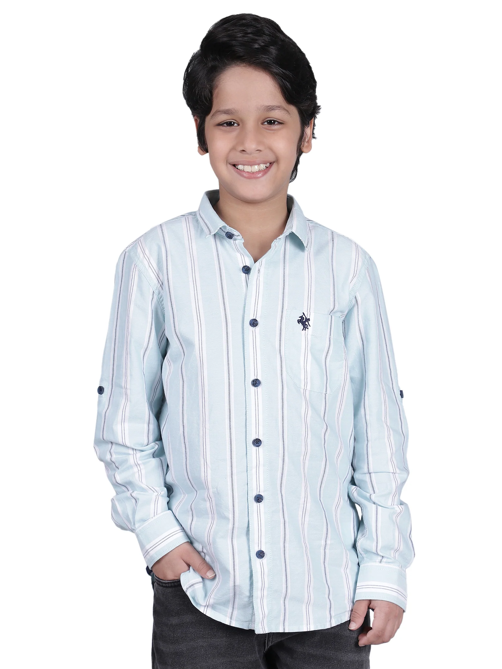 Boys Striped Blue Full Sleeves Spread Collar Casual Shirt - Image 7