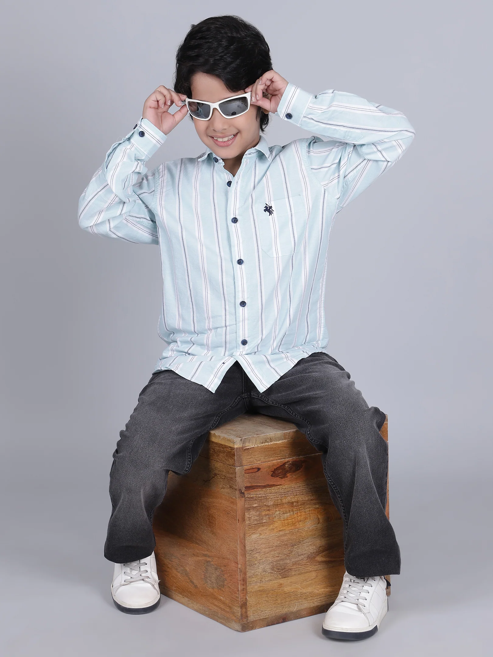 Boys Striped Blue Full Sleeves Spread Collar Casual Shirt - Image 8