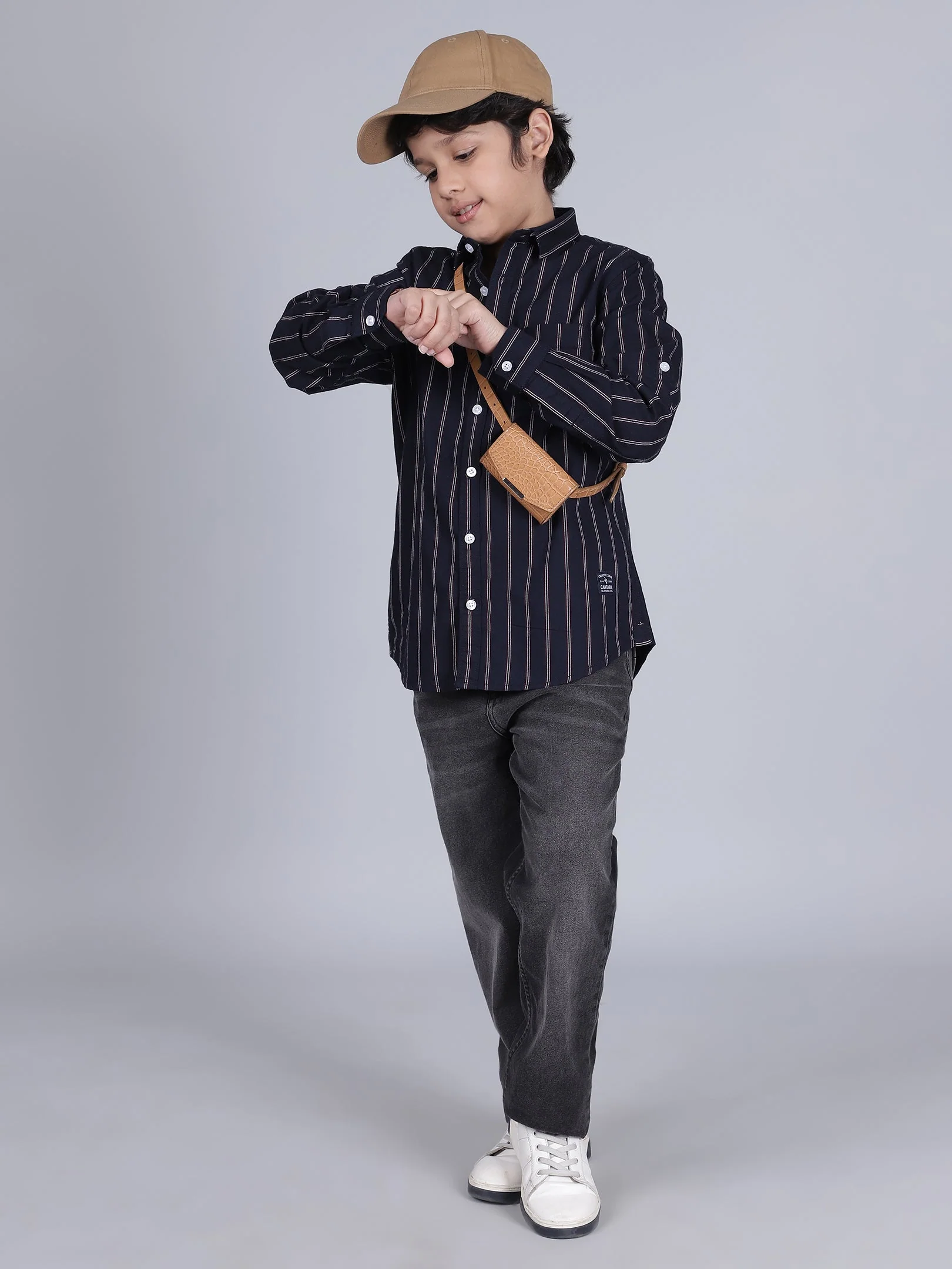 Boys Striped Navy Blue Full Sleeves Spread Collar Casual Shirt - Image 2