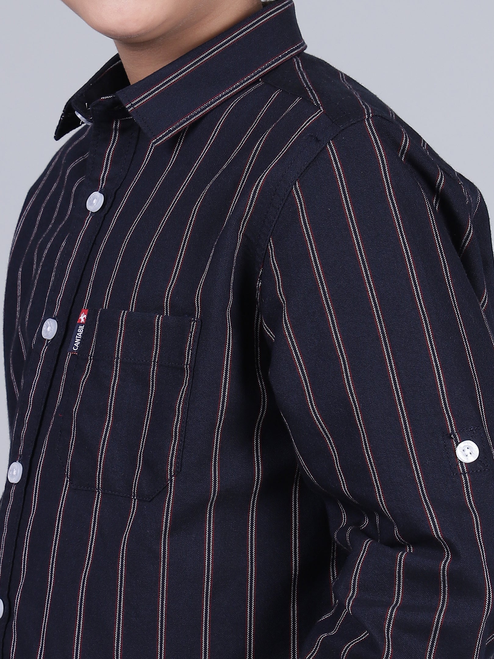 Boys Striped Navy Blue Full Sleeves Spread Collar Casual Shirt - Image 3