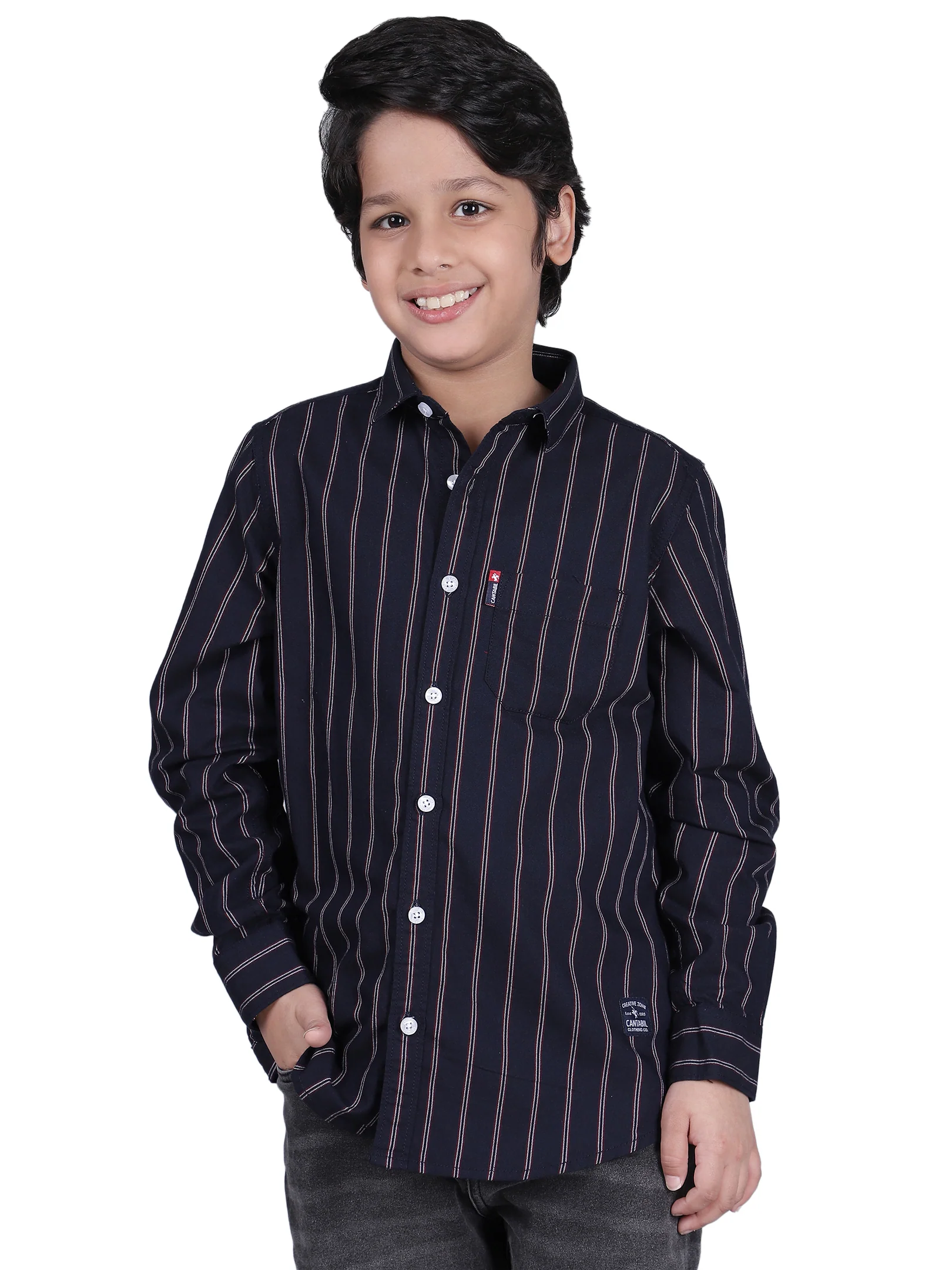 Boys Striped Navy Blue Full Sleeves Spread Collar Casual Shirt - Image 4