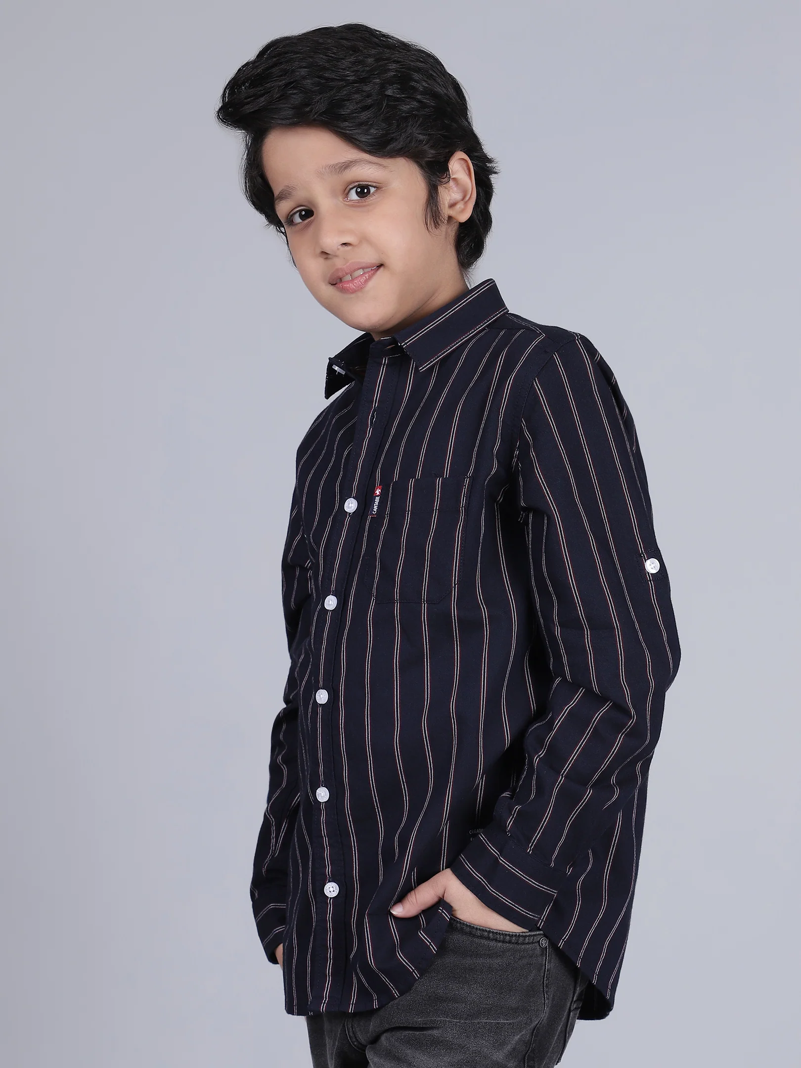 Boys Striped Navy Blue Full Sleeves Spread Collar Casual Shirt - Image 5