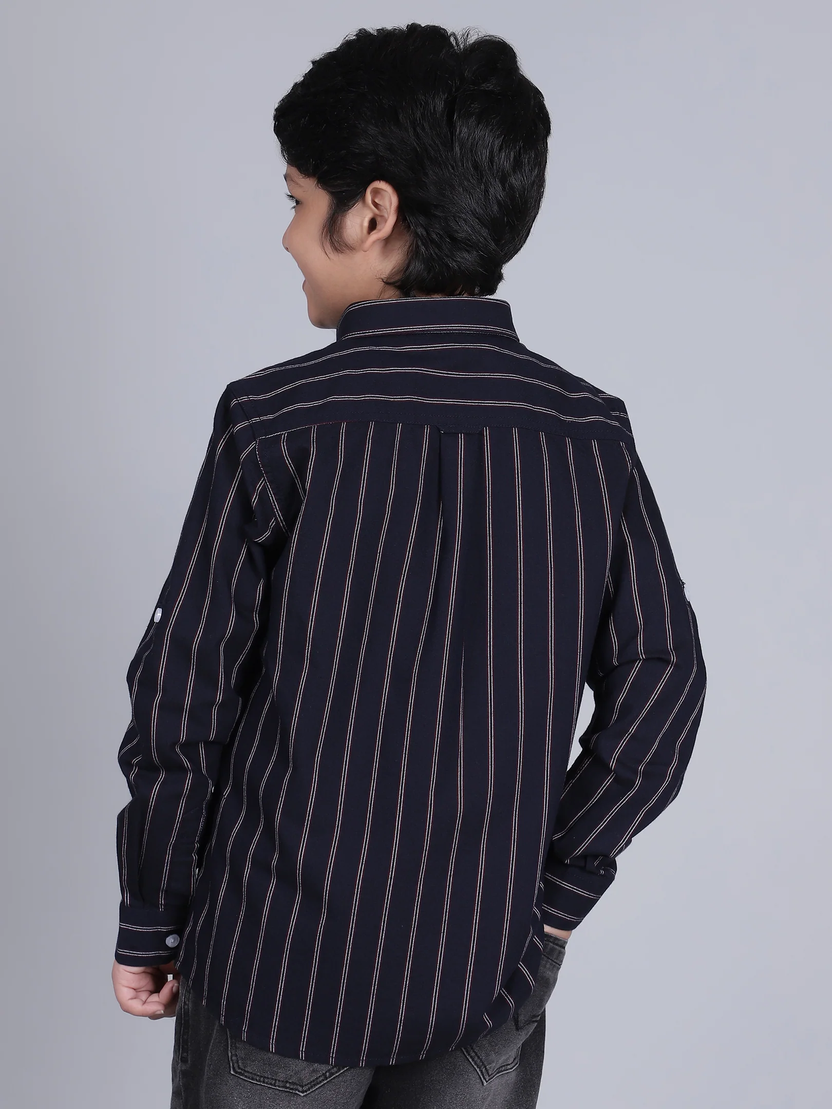 Boys Striped Navy Blue Full Sleeves Spread Collar Casual Shirt - Image 6