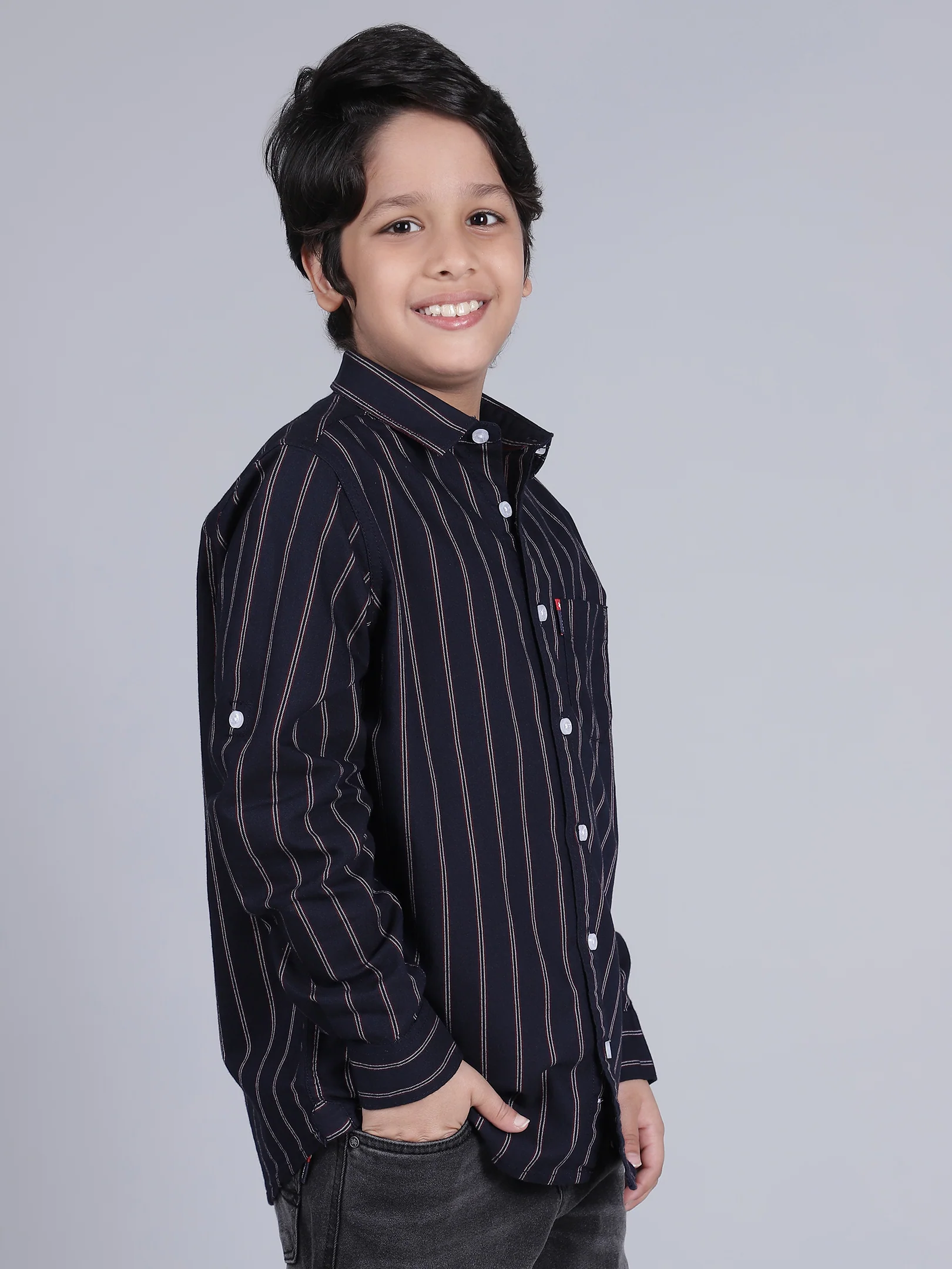 Boys Striped Navy Blue Full Sleeves Spread Collar Casual Shirt - Image 7