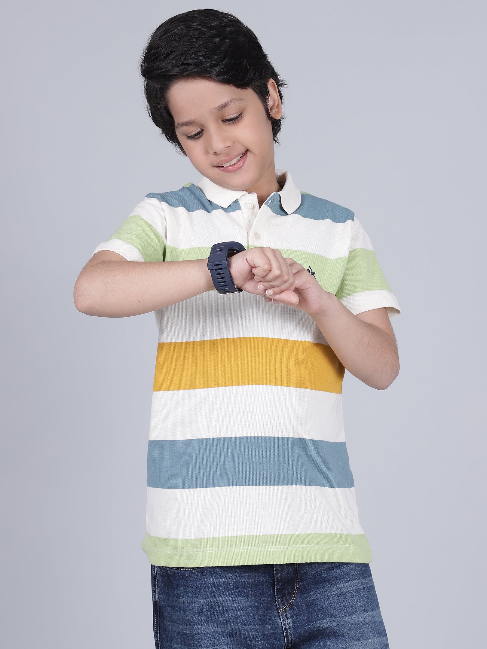 Boys Striped Off-White Polo Neck Half Sleeves Casual T-Shirt - Image 2
