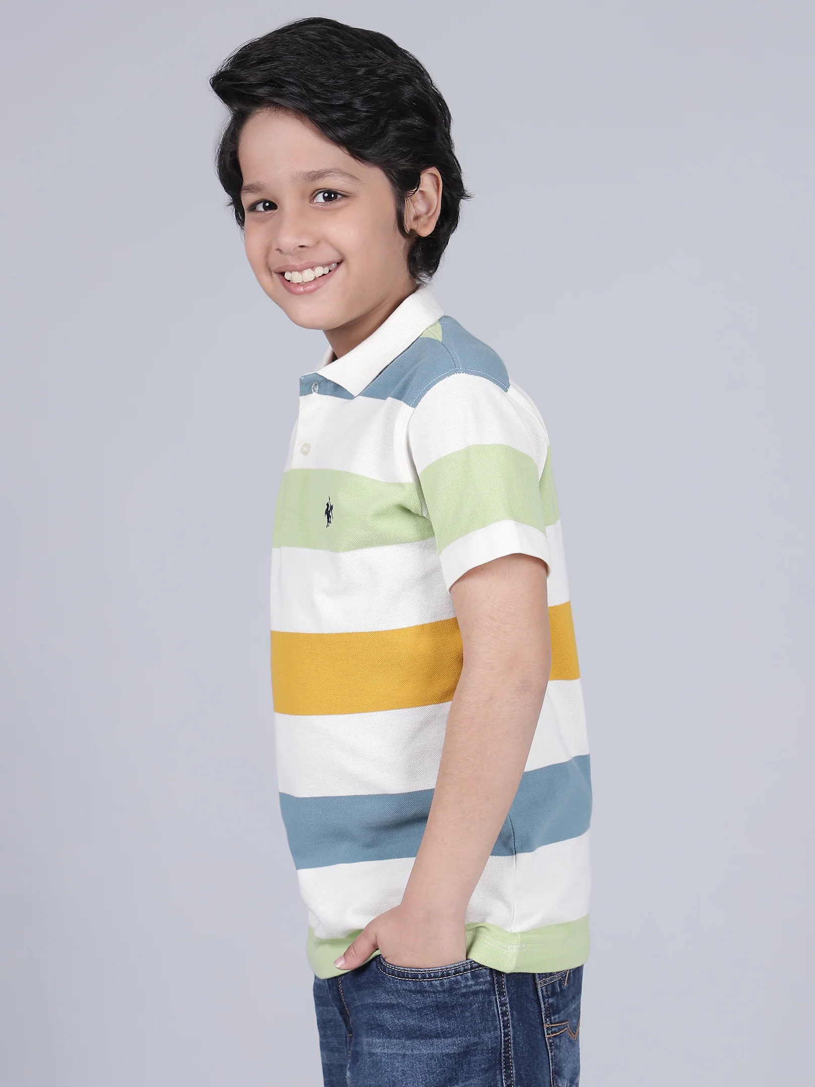 Boys Striped Off-White Polo Neck Half Sleeves Casual T-Shirt - Image 3