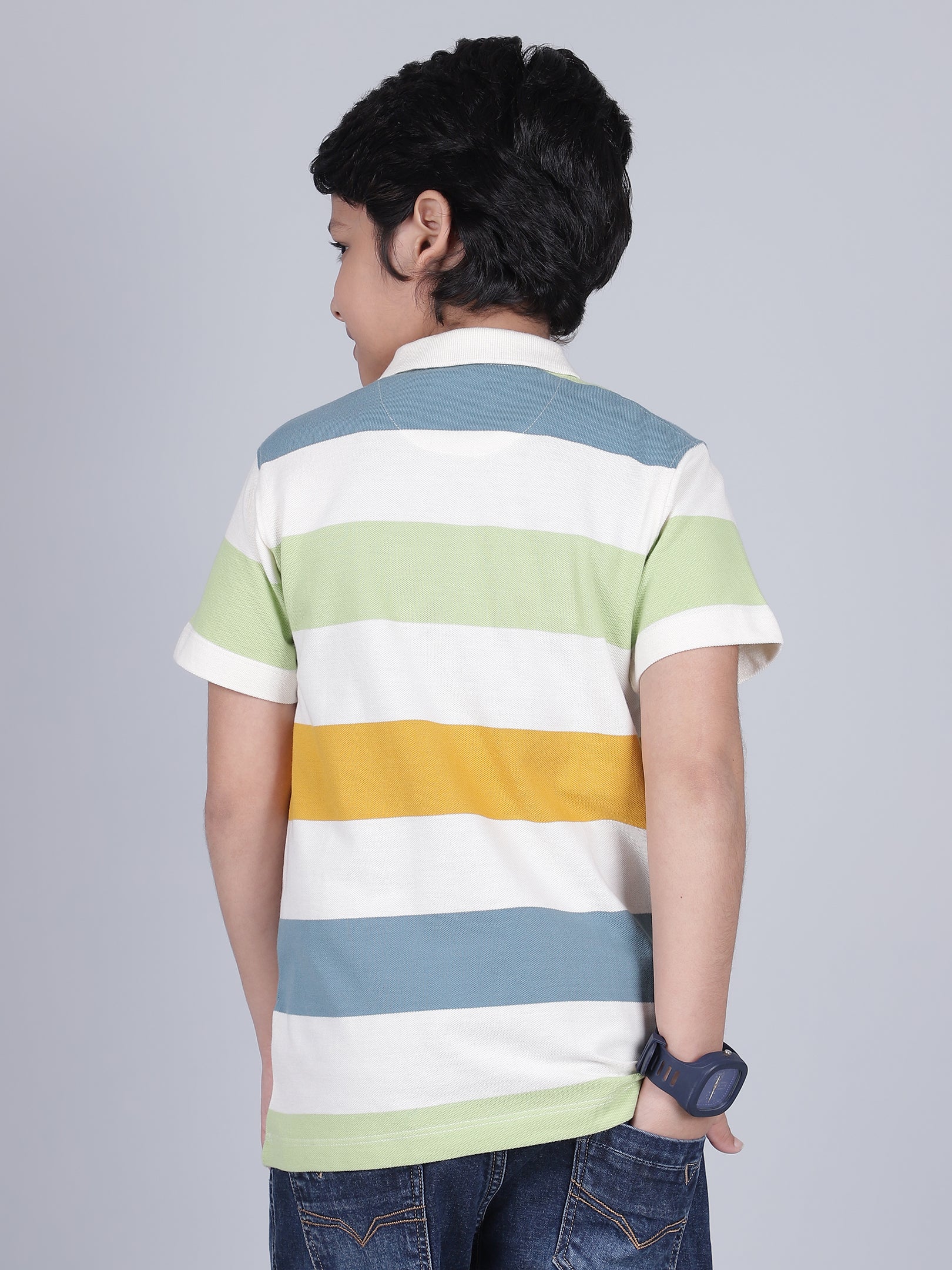 Boys Striped Off-White Polo Neck Half Sleeves Casual T-Shirt - Image 4
