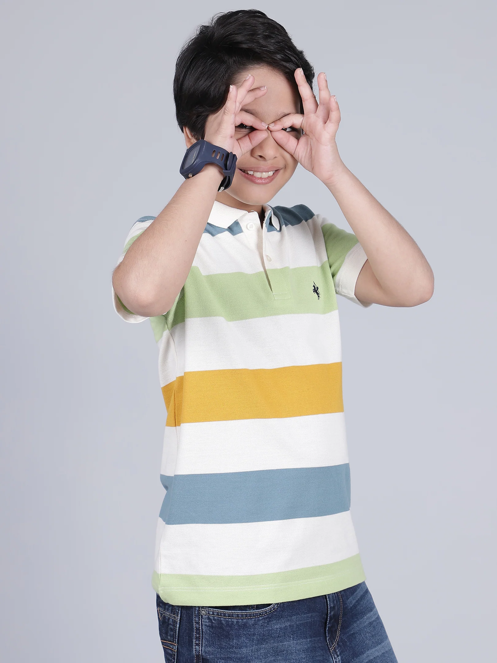 Boys Striped Off-White Polo Neck Half Sleeves Casual T-Shirt - Image 5