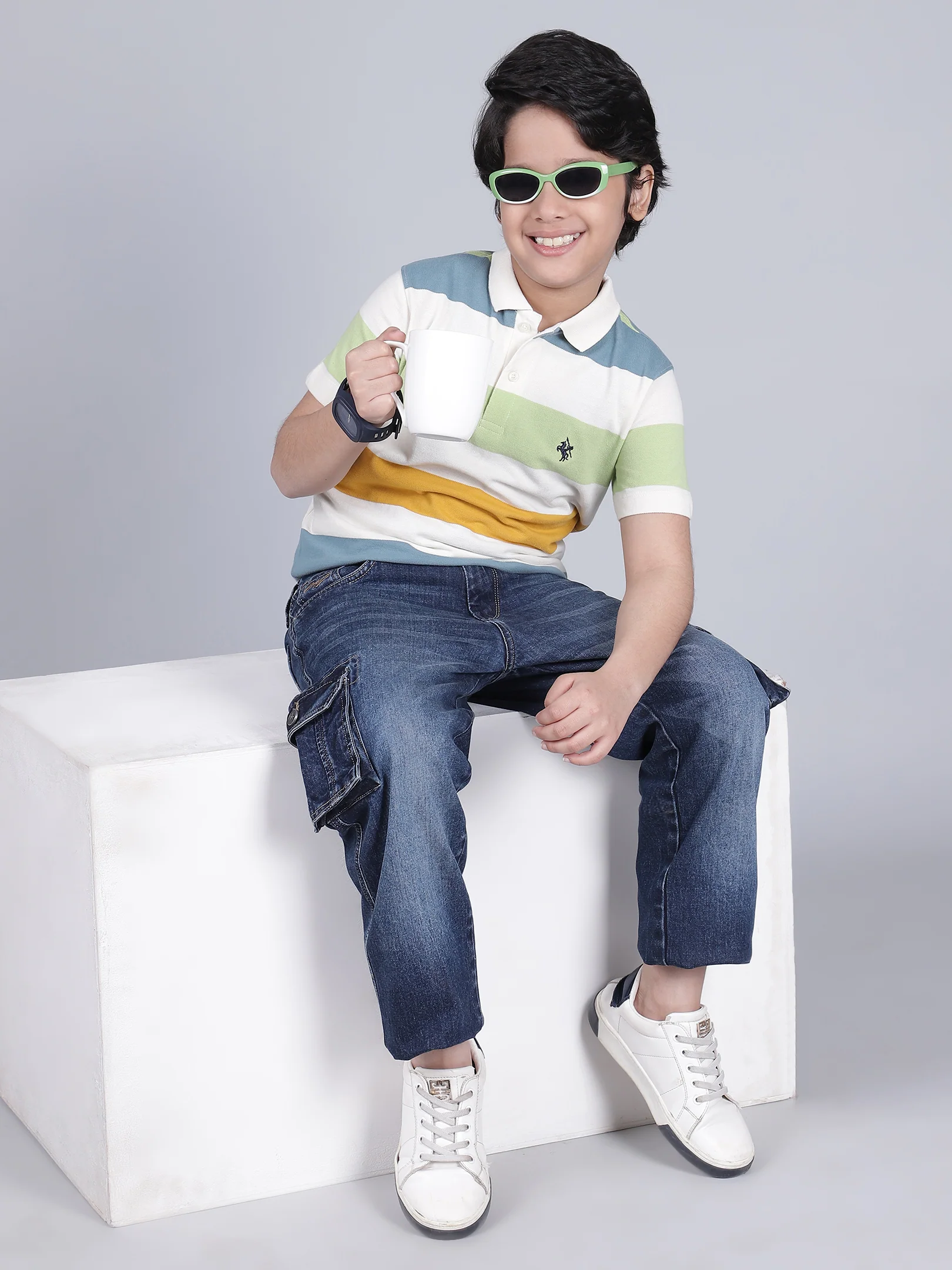Boys Striped Off-White Polo Neck Half Sleeves Casual T-Shirt - Image 8