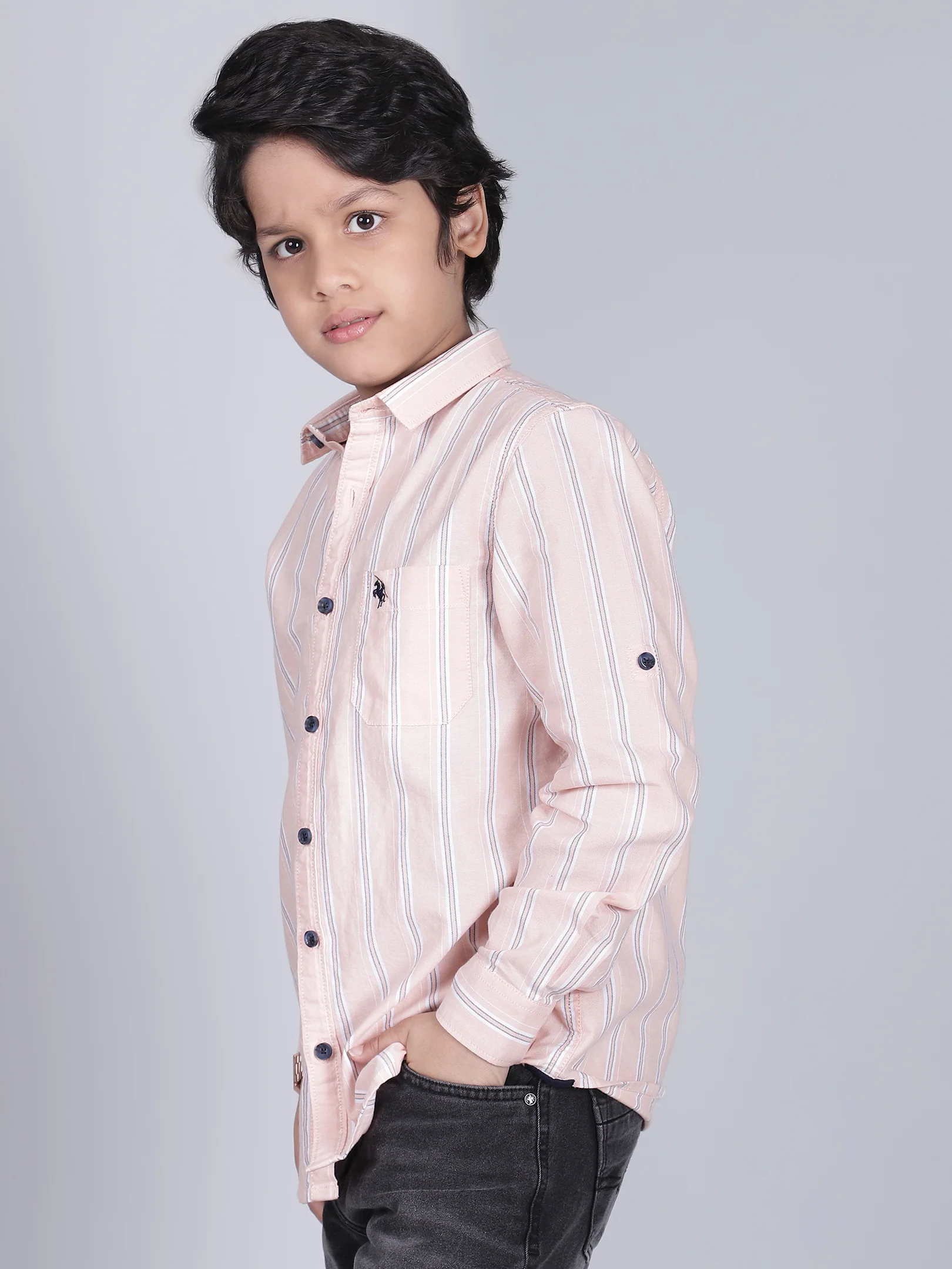 Boys Striped Pink Full Sleeves Spread Collar Casual Shirt - Image 2
