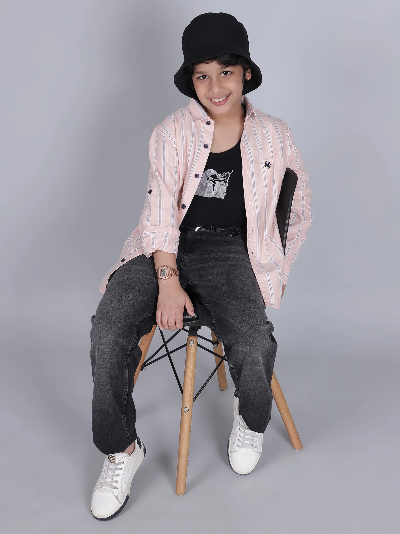 Boys Striped Pink Full Sleeves Spread Collar Casual Shirt - Image 5