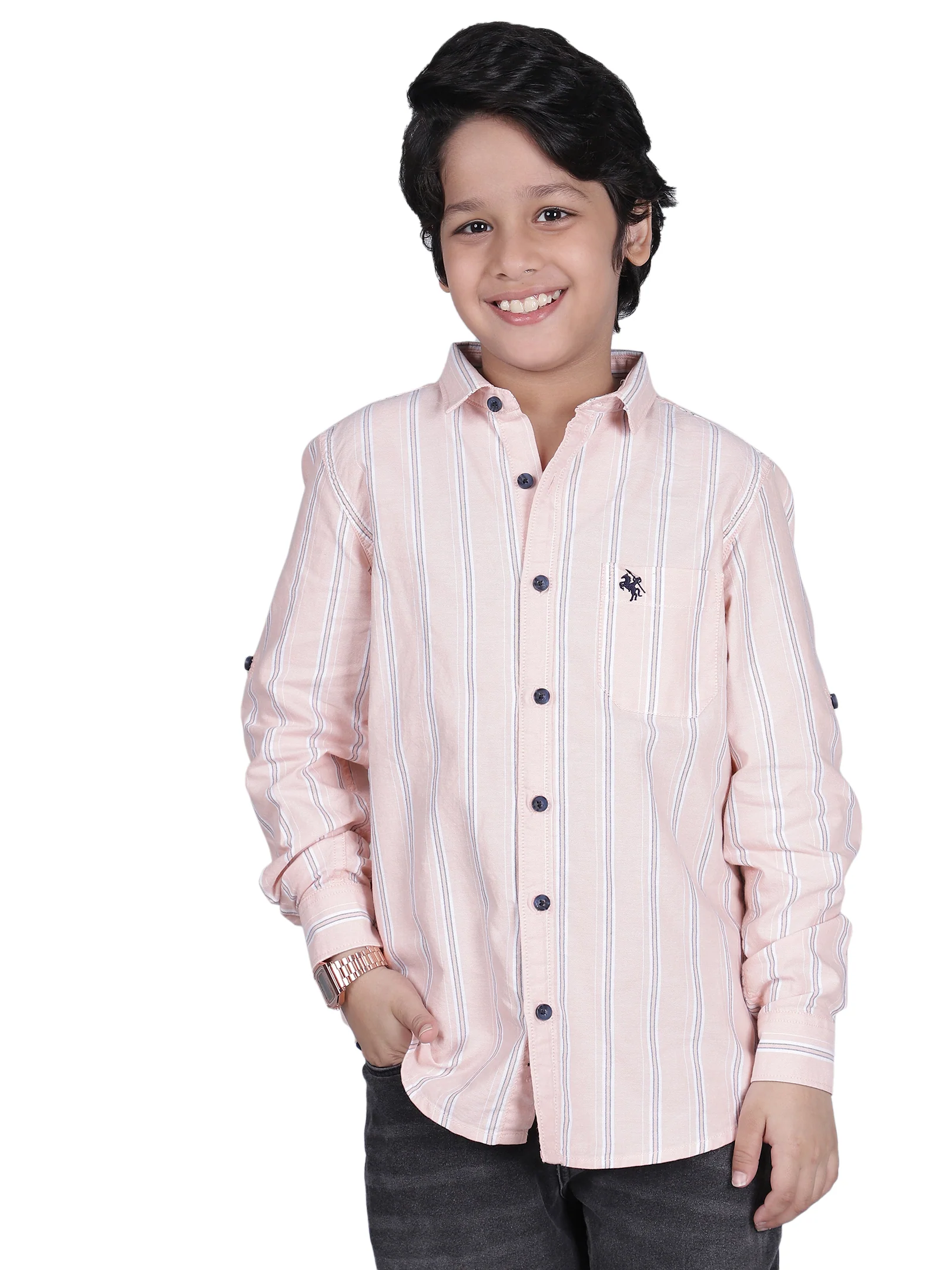 Boys Striped Pink Full Sleeves Spread Collar Casual Shirt - Image 7