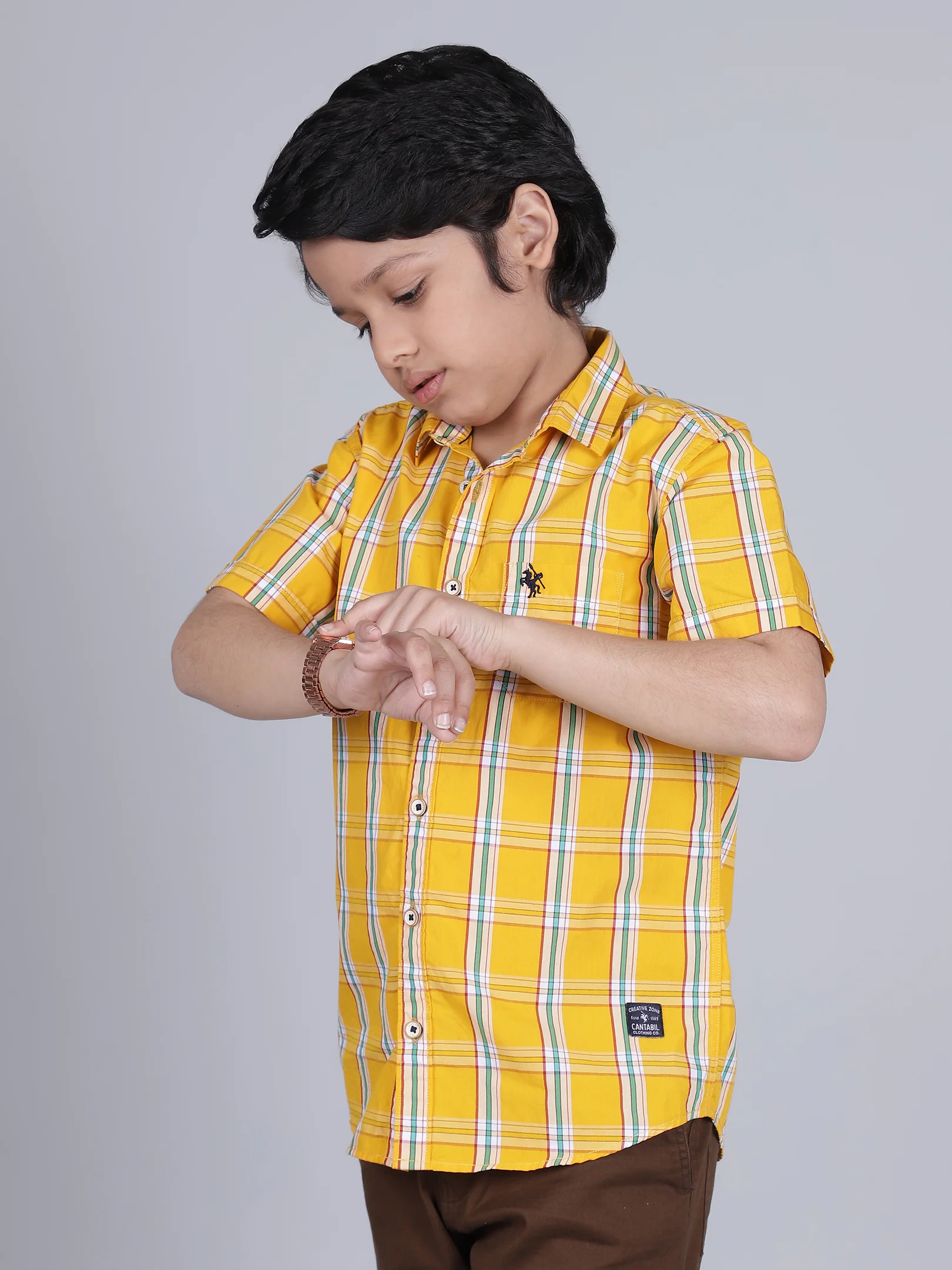 Boys Yellow Checkered Half Sleeves Spread Collar Casual Shirt - Image 2