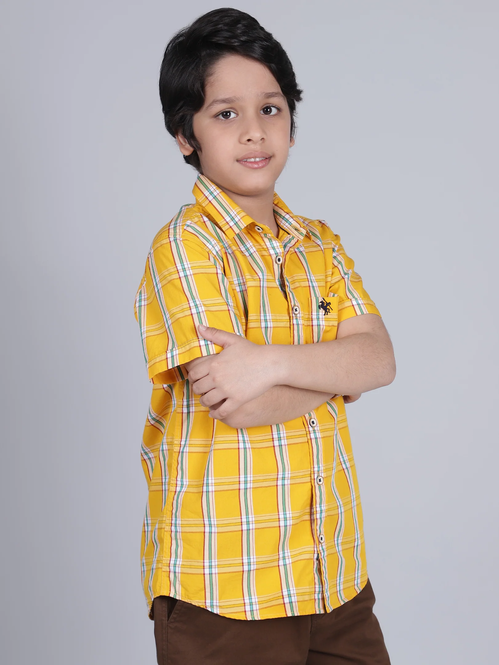 Boys Yellow Checkered Half Sleeves Spread Collar Casual Shirt - Image 4