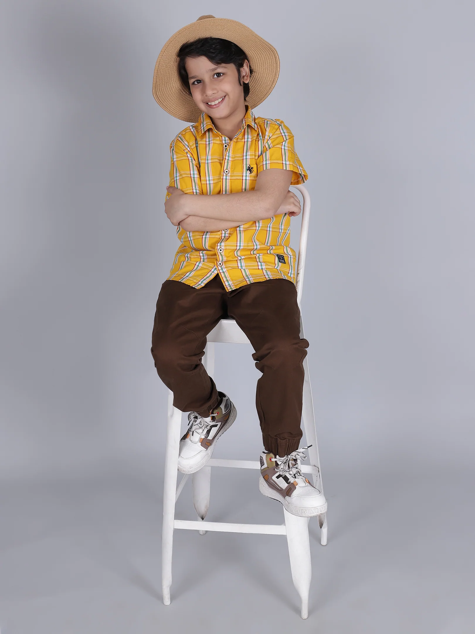 Boys Yellow Checkered Half Sleeves Spread Collar Casual Shirt - Image 5
