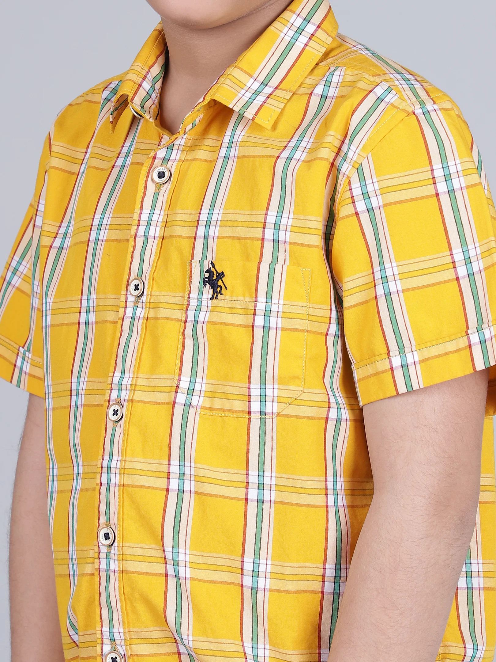 Boys Yellow Checkered Half Sleeves Spread Collar Casual Shirt - Image 6