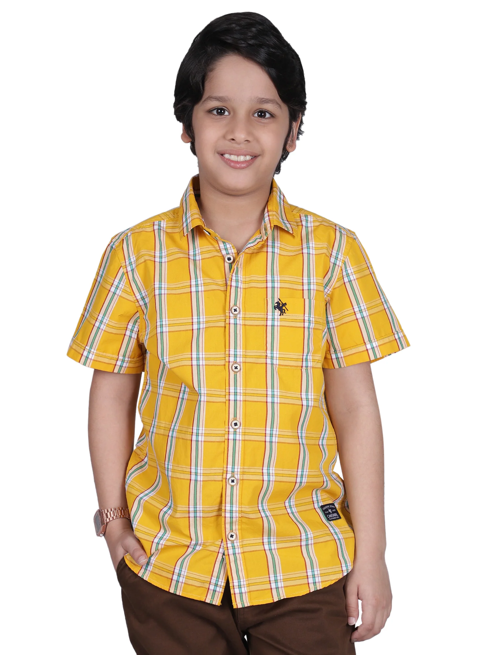 Boys Yellow Checkered Half Sleeves Spread Collar Casual Shirt - Image 7
