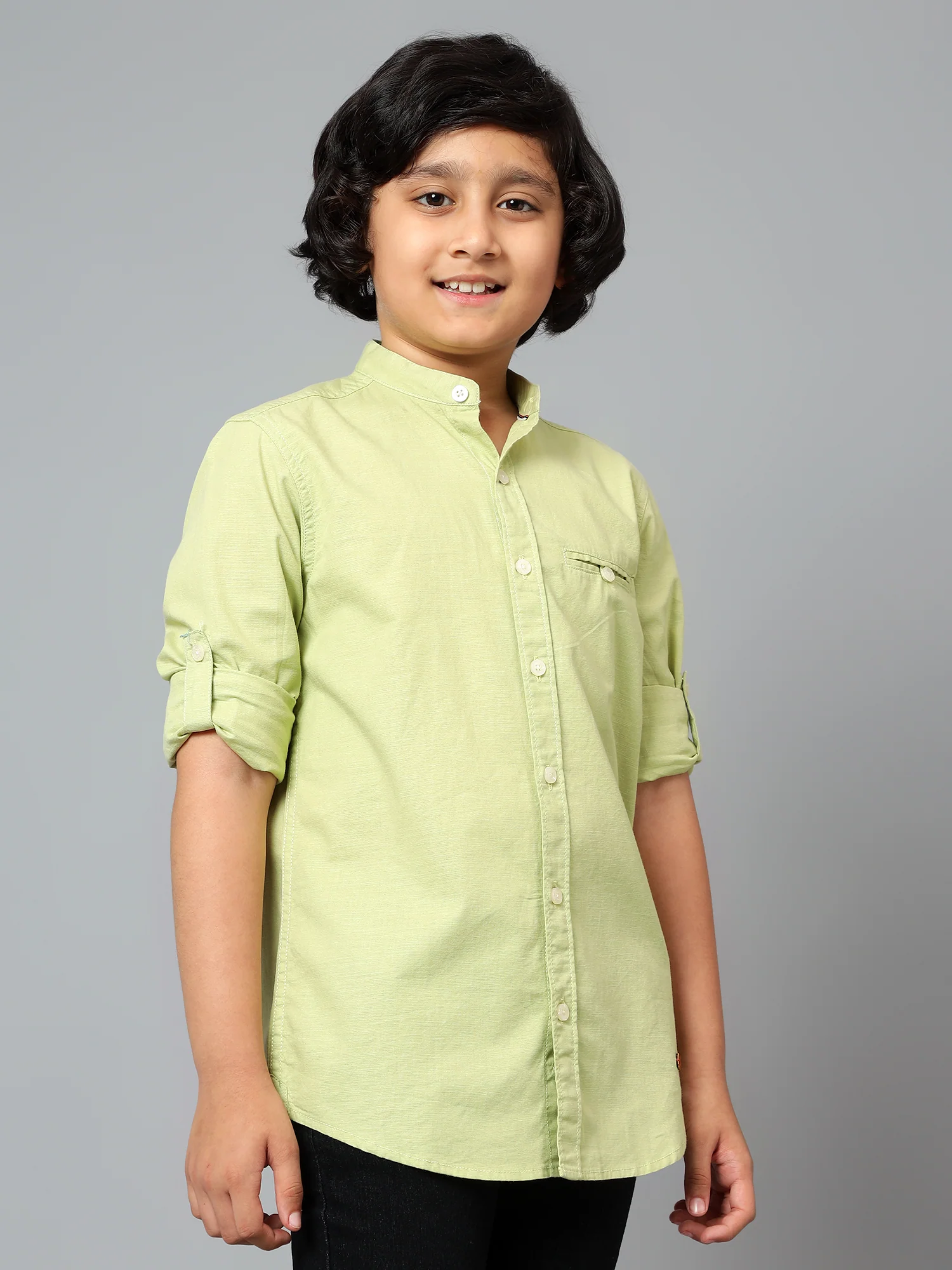 Boys Casual Green Full Sleeve with Tab  Shirt - Image 3