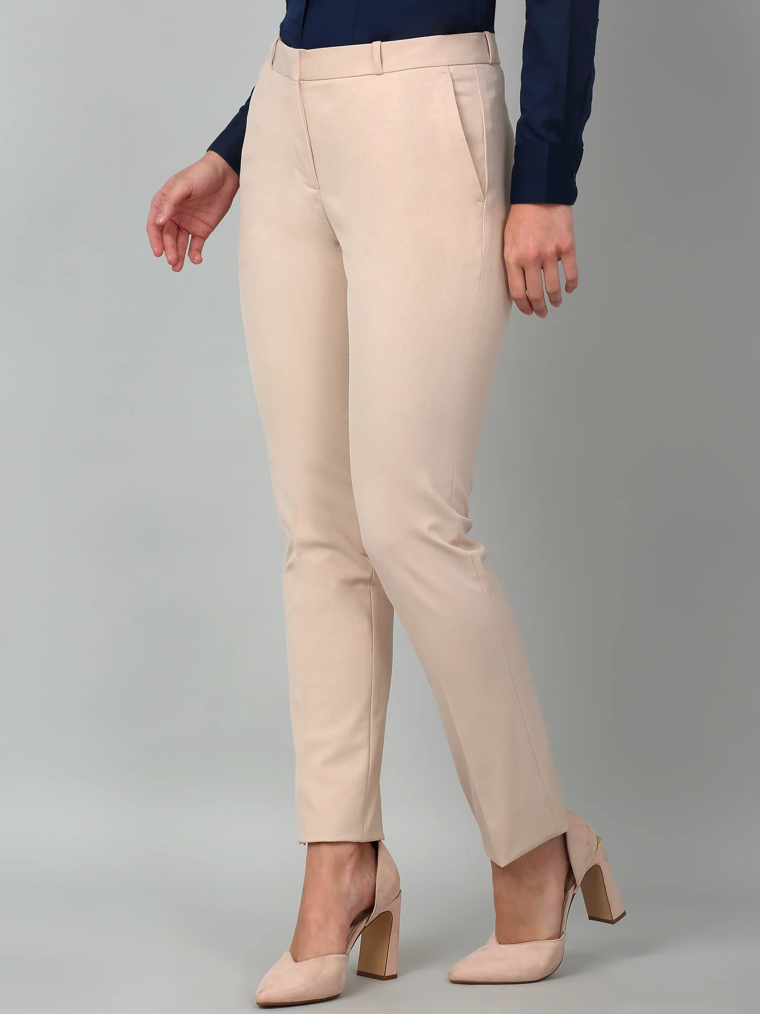 Women's Formal Flat Front Light Fawn Full length Mid rise Trousers - Image 4