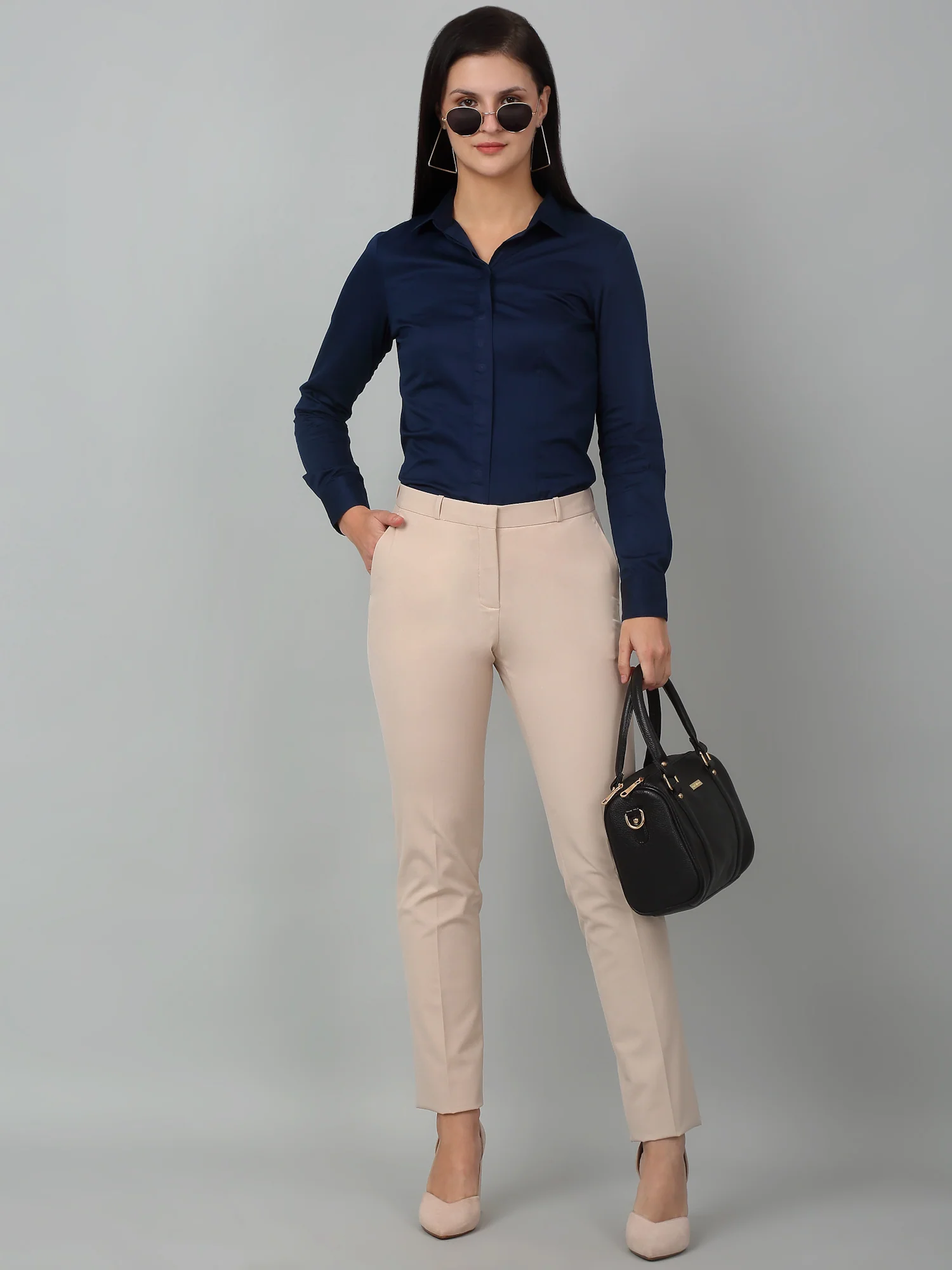 Women's Formal Flat Front Light Fawn Full length Mid rise Trousers - Image 6