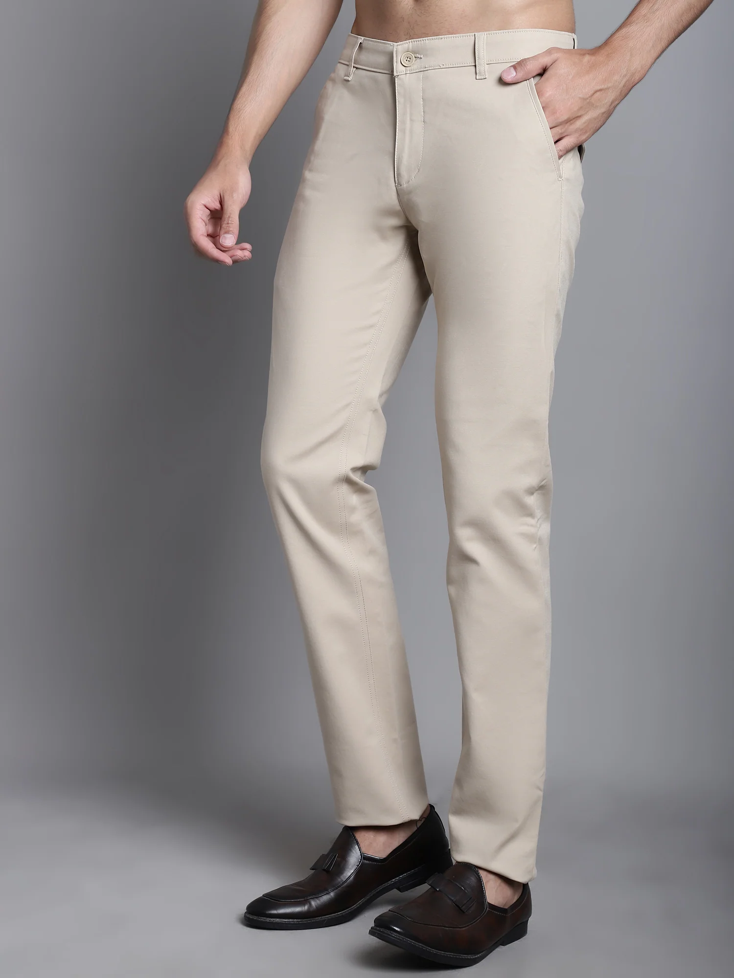 Men's Casual Flat front Beige  Trousers - Image 3