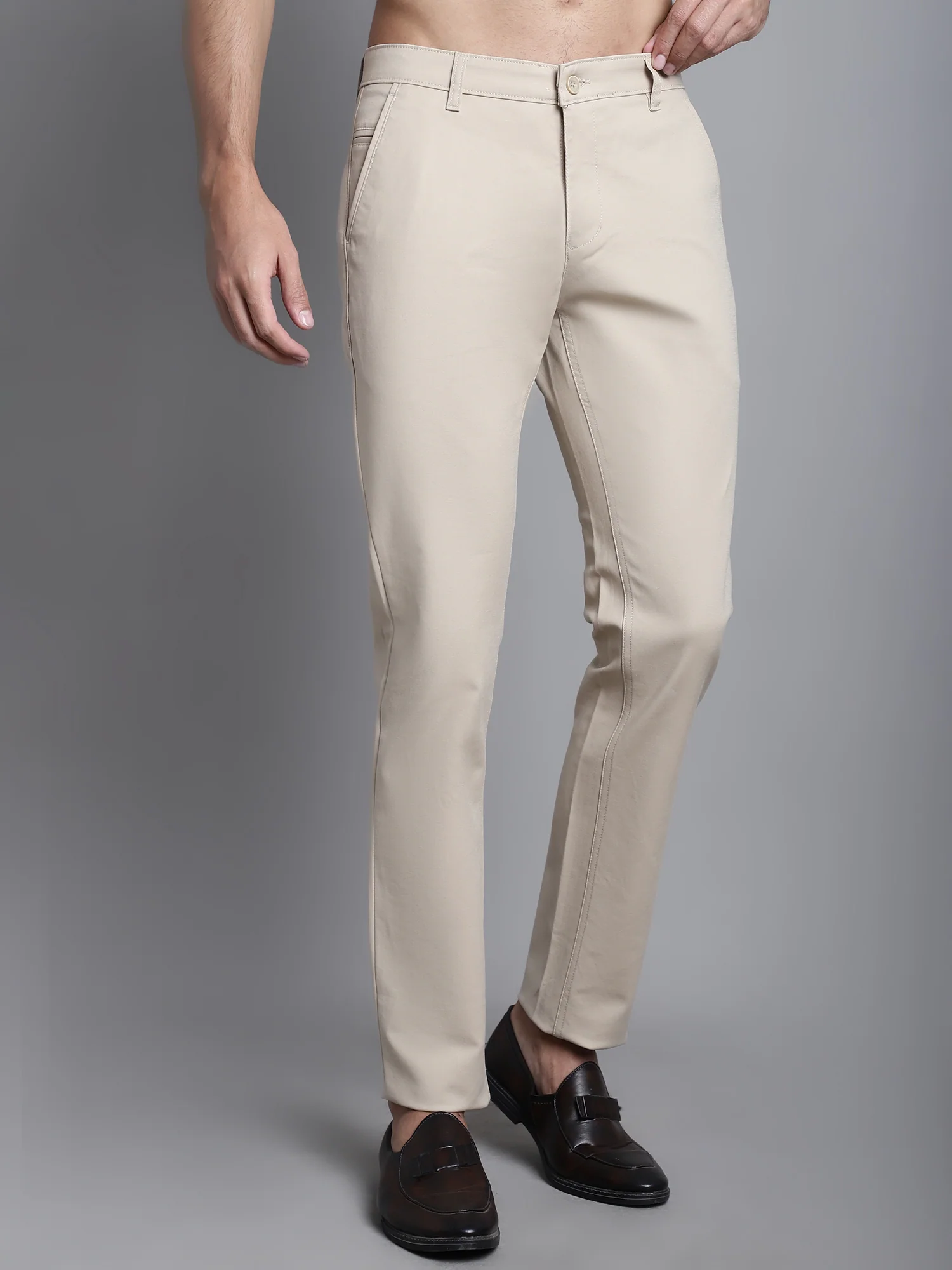 Men's Casual Flat front Beige  Trousers - Image 4