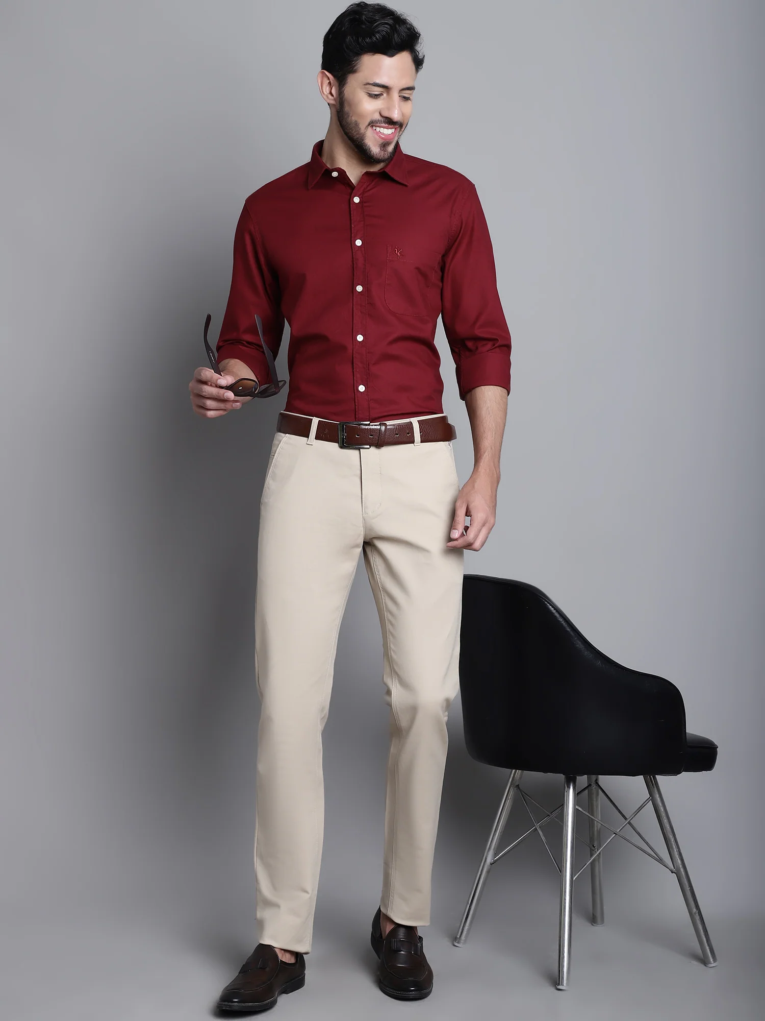 Men's Casual Flat front Beige  Trousers - Image 5