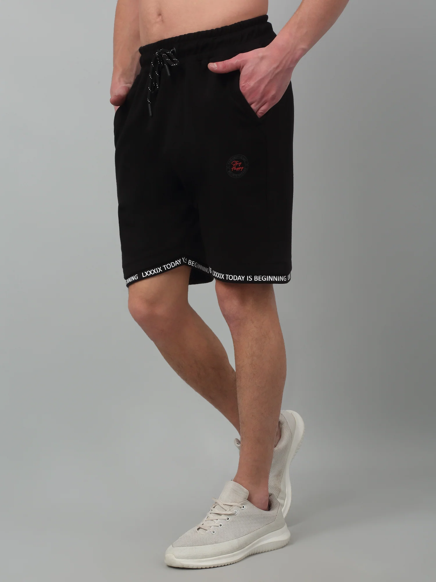 Black Solid Above Knee Drawstring Bermuda For Men - Image 3