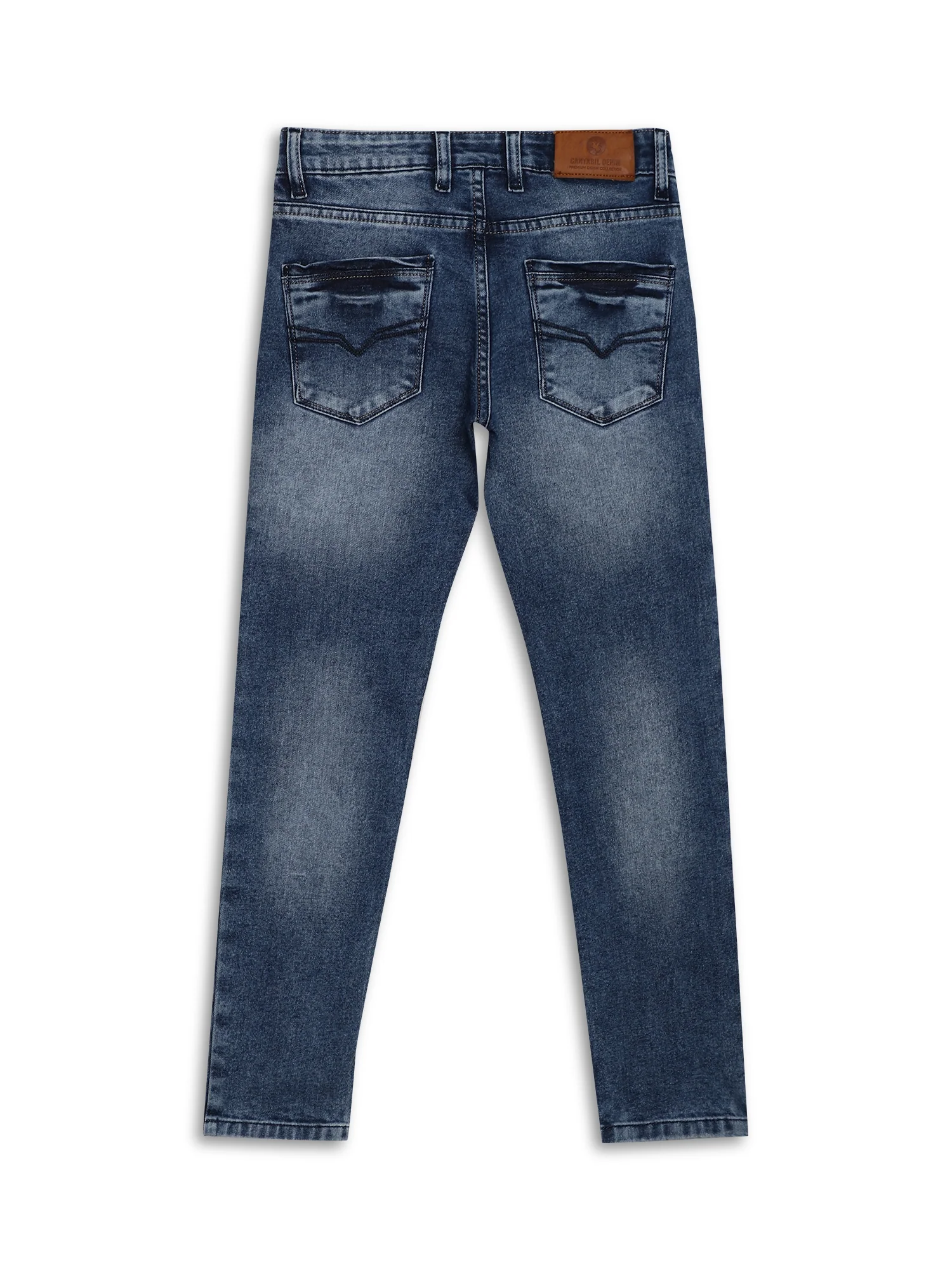 Blue Solid Cotton Denim Flat Front Mid Rise Full Length Regular Fit Casual Jeans For Boys - Image 2