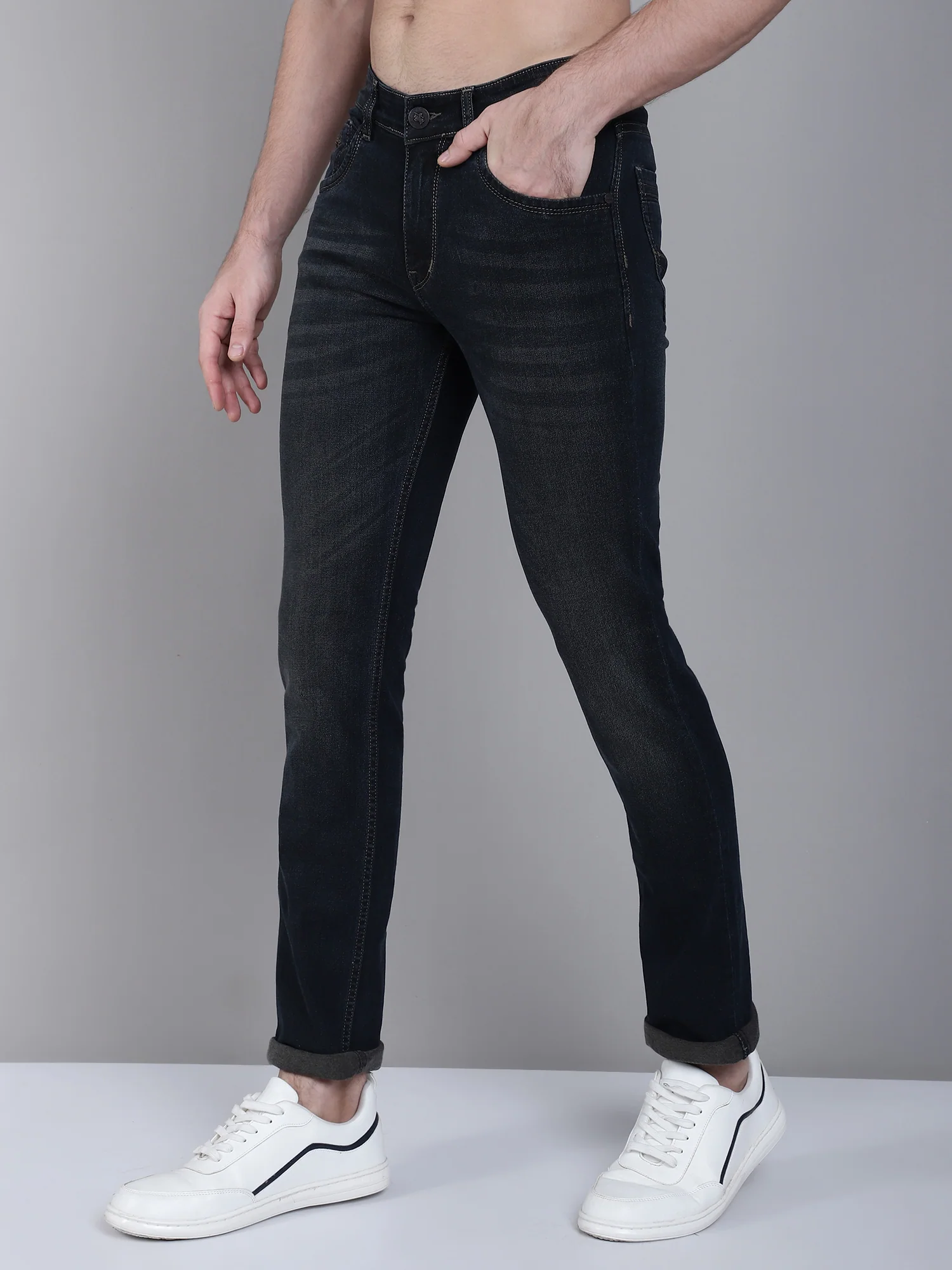 Denim Jeans for Men l Breathable & Soft with Color Fastness Ultra Narrow Fit Cotton Fabric Solid Pattern Button Closure - Image 3