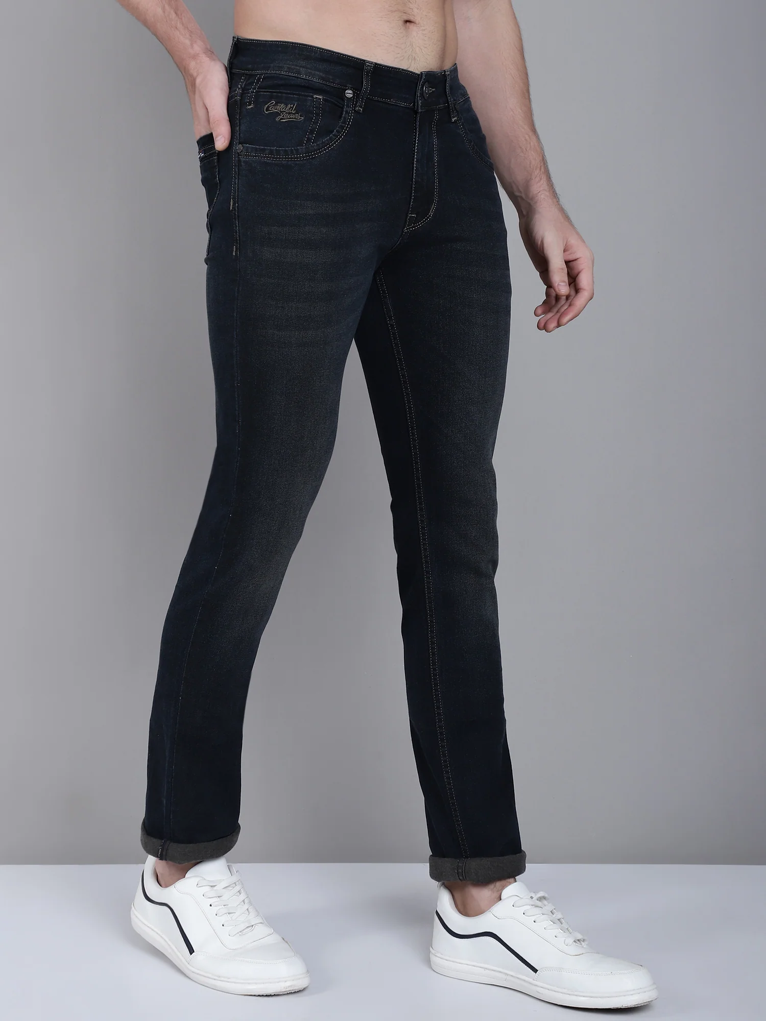 Denim Jeans for Men l Breathable & Soft with Color Fastness Ultra Narrow Fit Cotton Fabric Solid Pattern Button Closure - Image 4