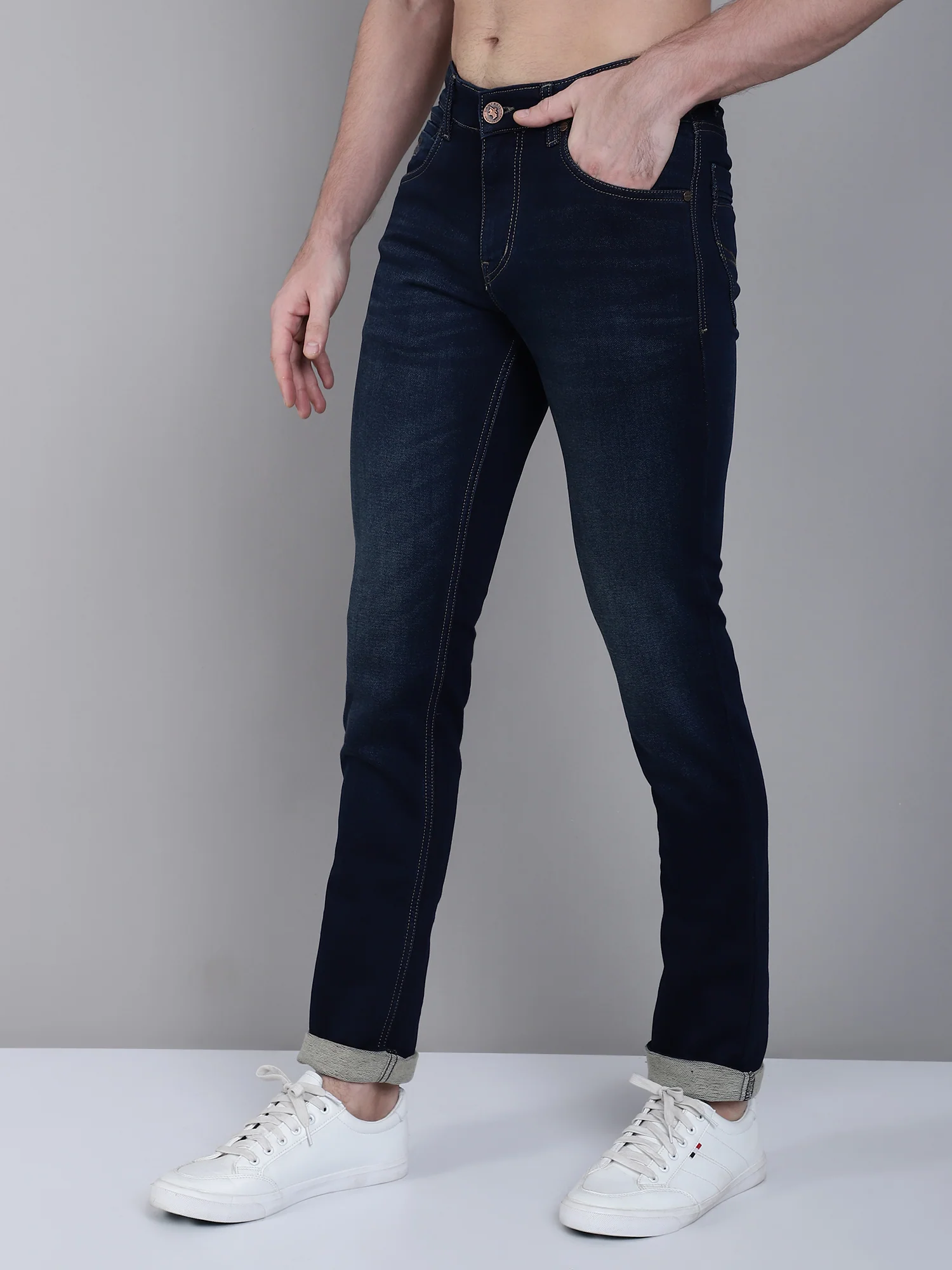 Denim Jeans for Men l Breathable & Soft with Color Fastness Ultra Narrow Fit Cotton Fabric Solid Pattern Button Closure - Image 3