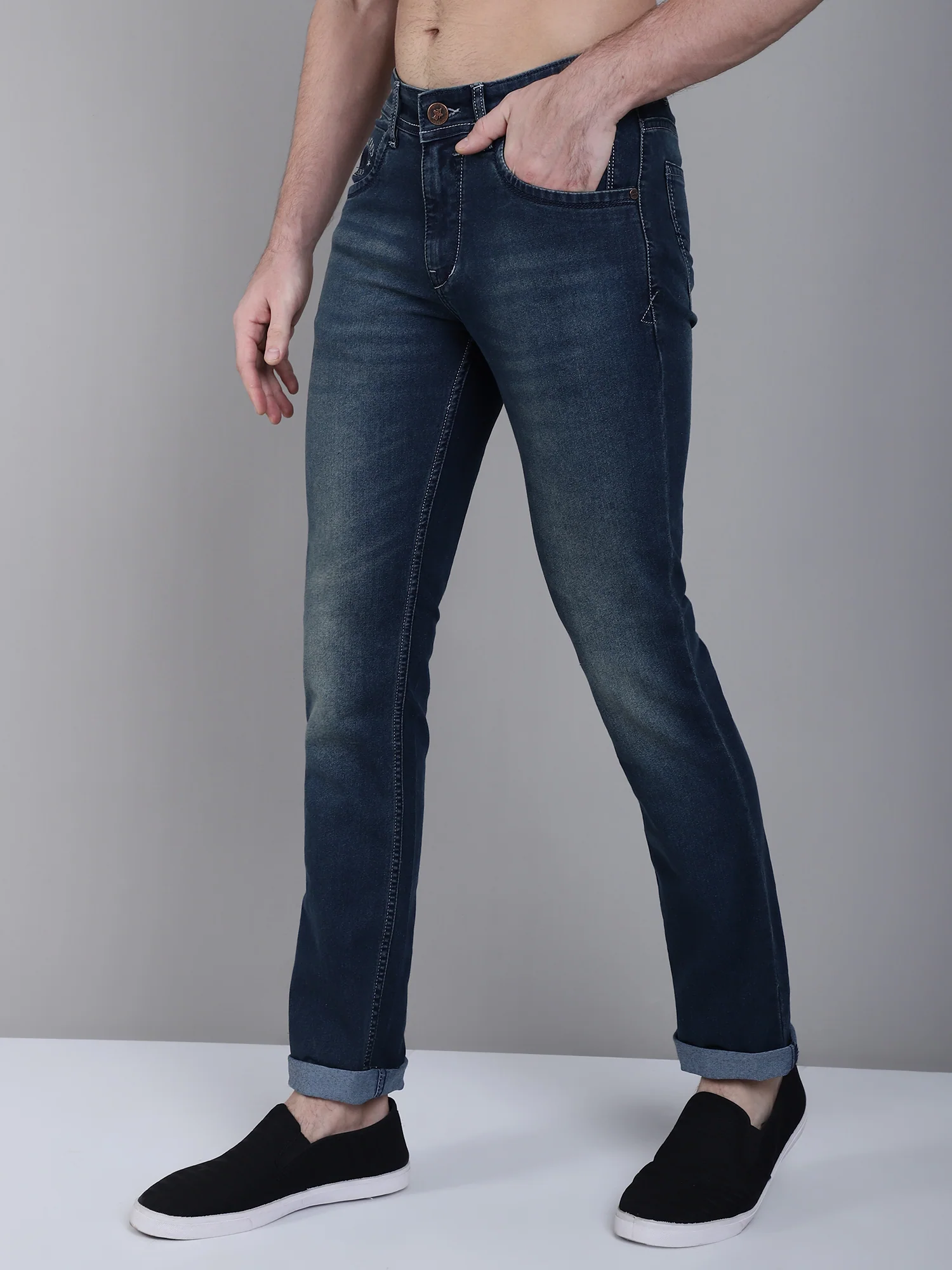 Denim Jeans for Men l Breathable & Soft with Color Fastness Ultra Narrow Fit Cotton Fabric Solid Pattern Button Closure - Image 3