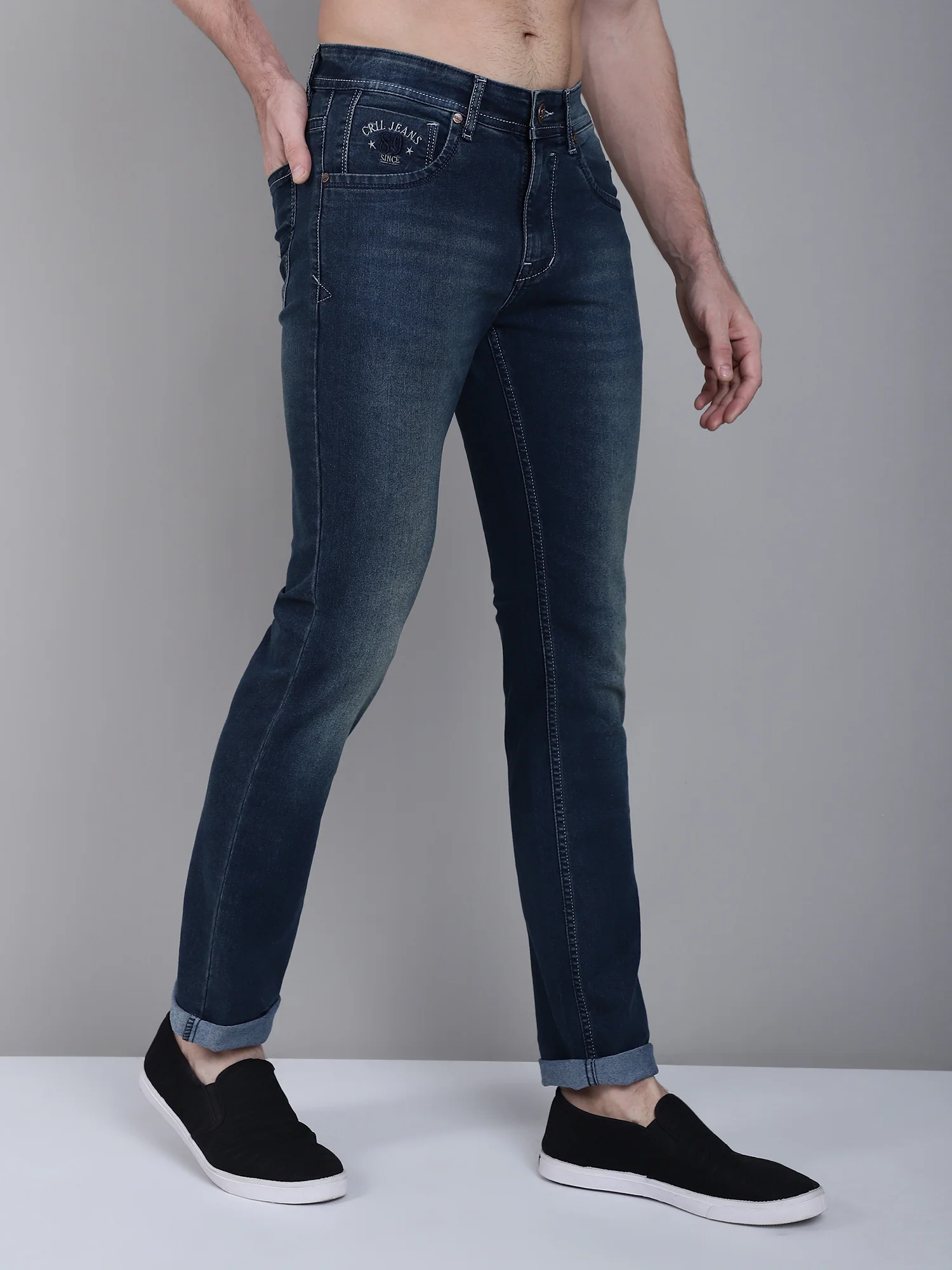 Denim Jeans for Men l Breathable & Soft with Color Fastness Ultra Narrow Fit Cotton Fabric Solid Pattern Button Closure - Image 4