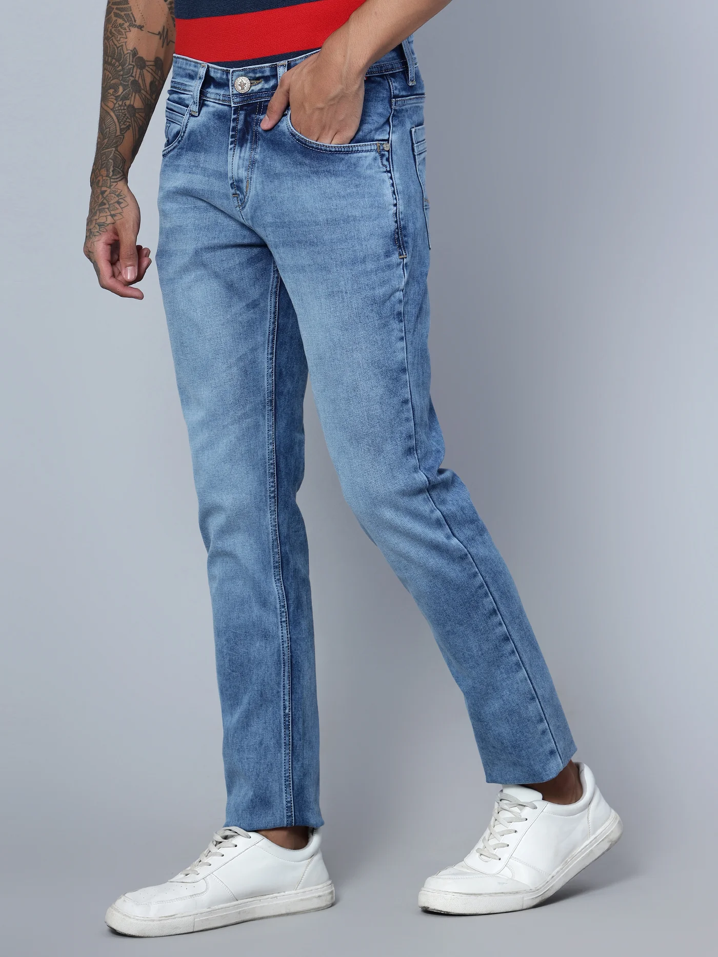 Denim Jeans for Men l Breathable & Soft with Color Fastness Ultra Narrow Fit Cotton Fabric Solid Pattern Button Closure - Image 2