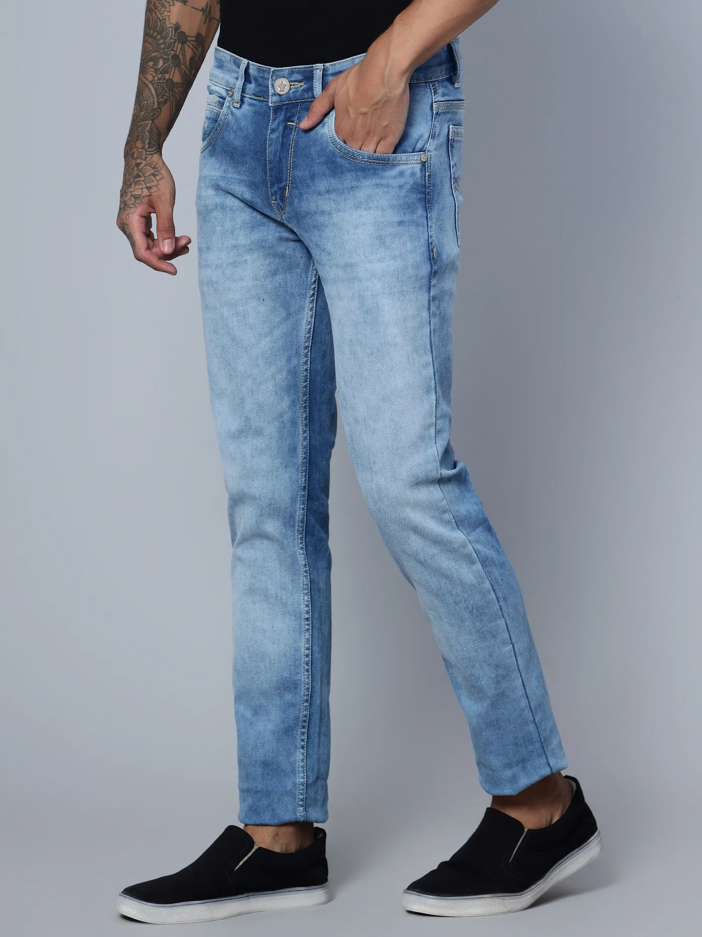 Denim Jeans for Men l Breathable & Soft with Color Fastness Ultra Narrow Fit Cotton Fabric Solid Pattern Button Closure - Image 2